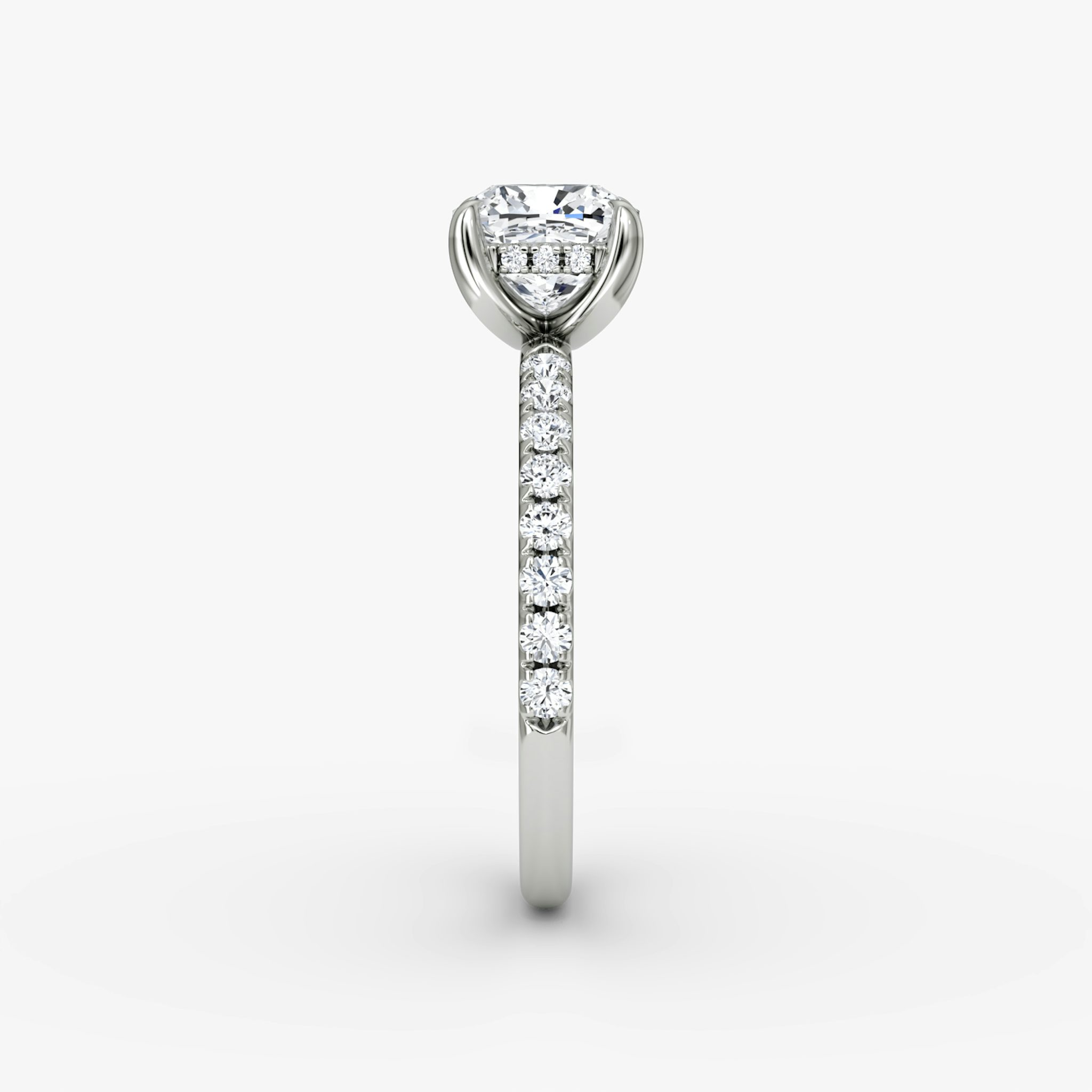 The Classic Hidden Halo | Cushion | 18k | White Gold | bandAccent: Pavé | bandWidth: large | prongStyle: Plain | diamondOrientation: vertical | caratWeight: other