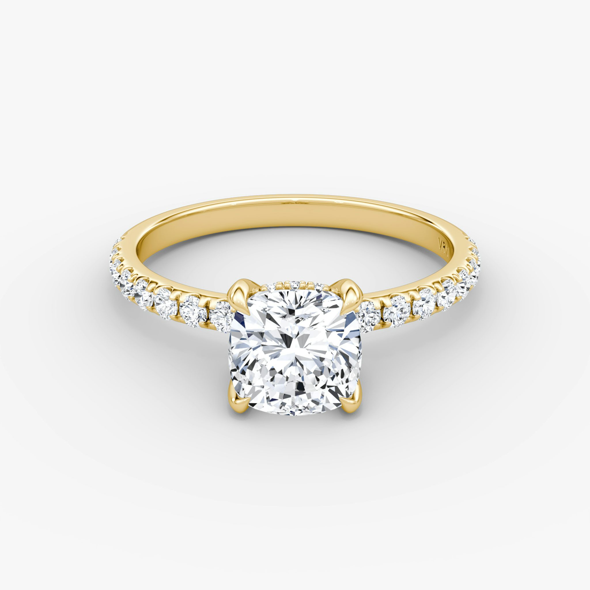The Classic Hidden Halo | Cushion | 18k | Yellow Gold | bandAccent: Pavé | bandWidth: large | prongStyle: Plain | diamondOrientation: vertical | caratWeight: other