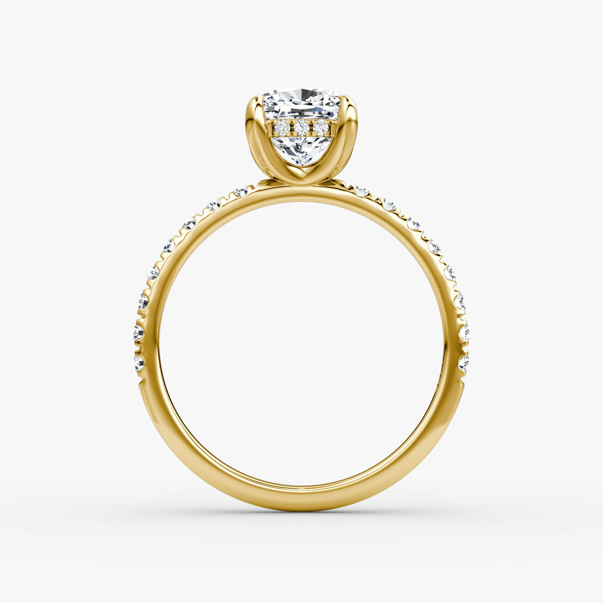The Classic Hidden Halo | Cushion | 18k | Yellow Gold | bandAccent: Pavé | bandWidth: large | prongStyle: Plain | diamondOrientation: vertical | caratWeight: other