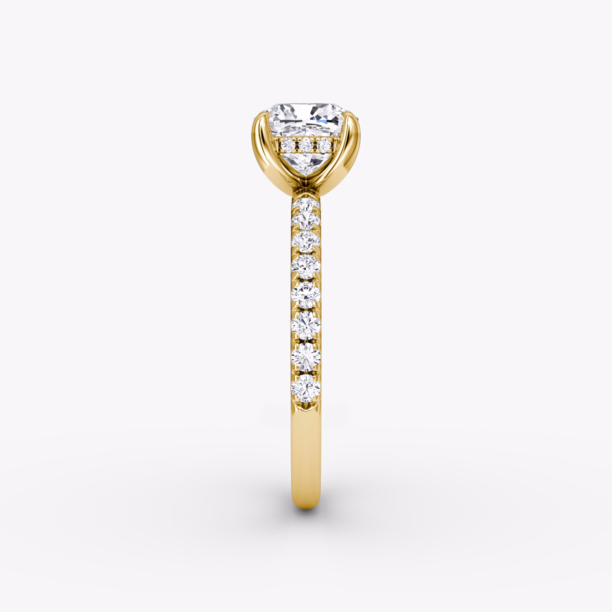 The Classic Hidden Halo | Cushion | 18k | Yellow Gold | bandAccent: Pavé | bandWidth: large | prongStyle: Plain | diamondOrientation: vertical | caratWeight: other