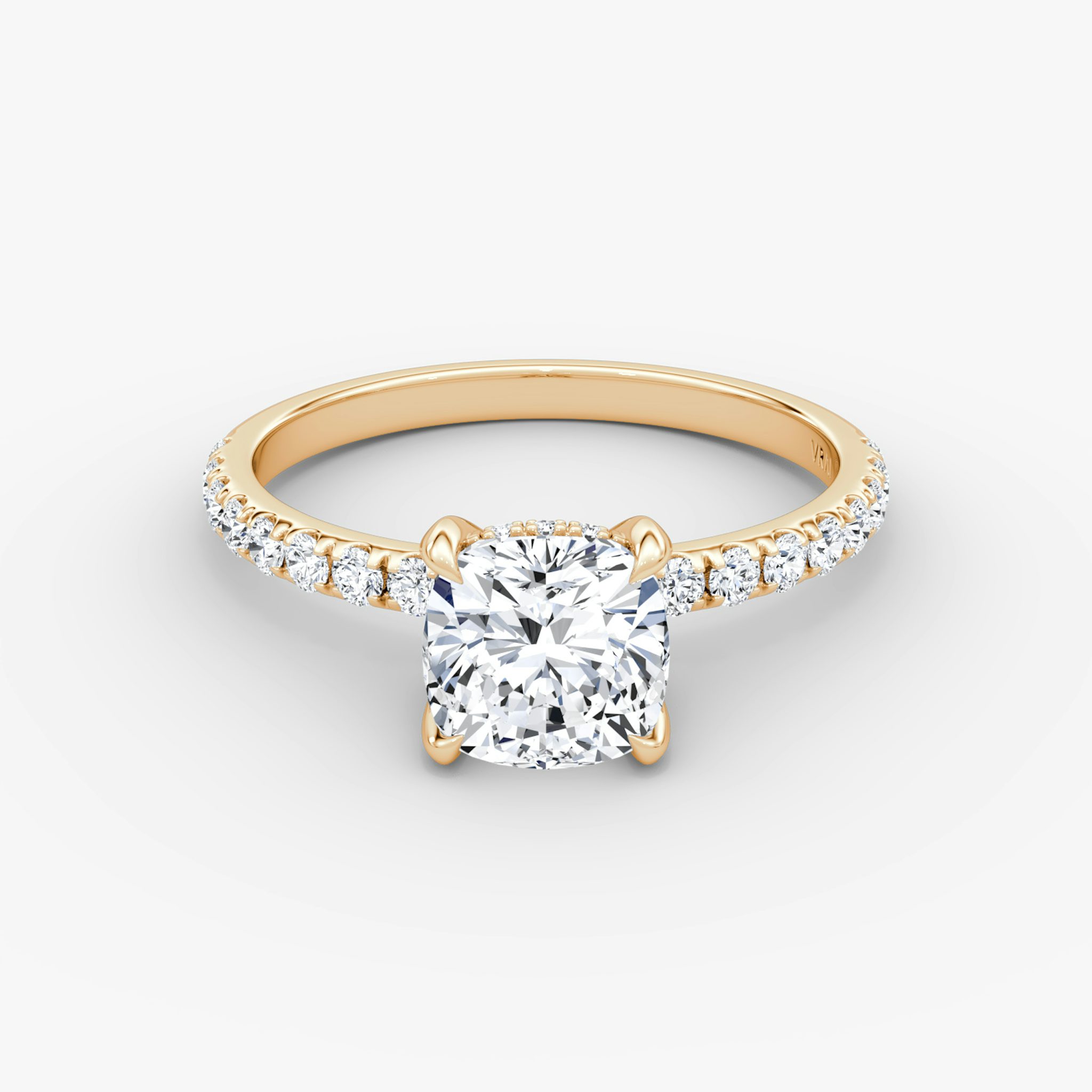 The Classic Hidden Halo | Cushion | 14k | Rose Gold | bandAccent: Pavé | bandWidth: large | prongStyle: Plain | diamondOrientation: vertical | caratWeight: other