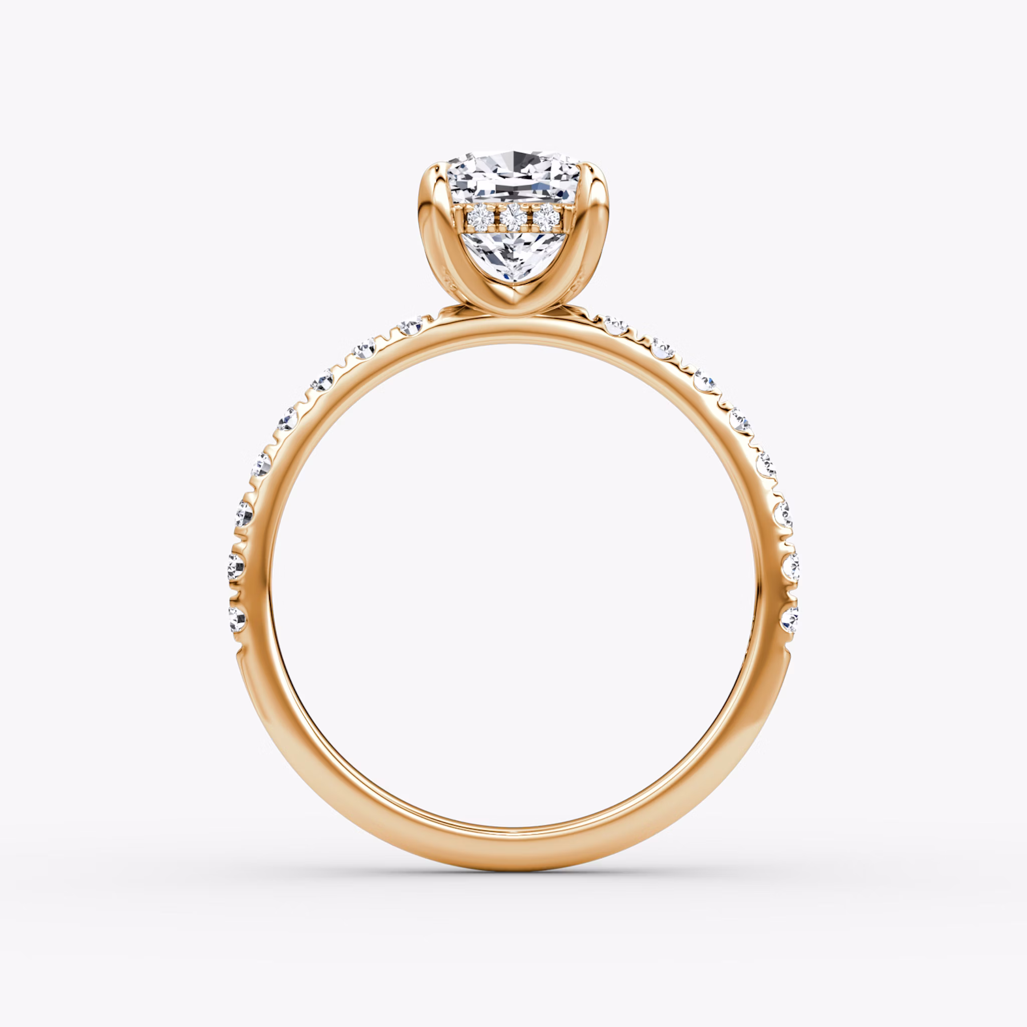 The Classic Hidden Halo | Cushion | 14k | Rose Gold | bandAccent: Pavé | bandWidth: large | prongStyle: Plain | diamondOrientation: vertical | caratWeight: other