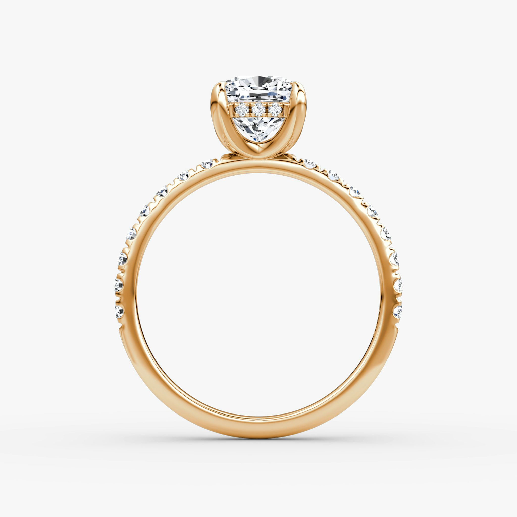 The Classic Hidden Halo | Cushion | 14k | Rose Gold | bandAccent: Pavé | bandWidth: large | prongStyle: Plain | diamondOrientation: vertical | caratWeight: other