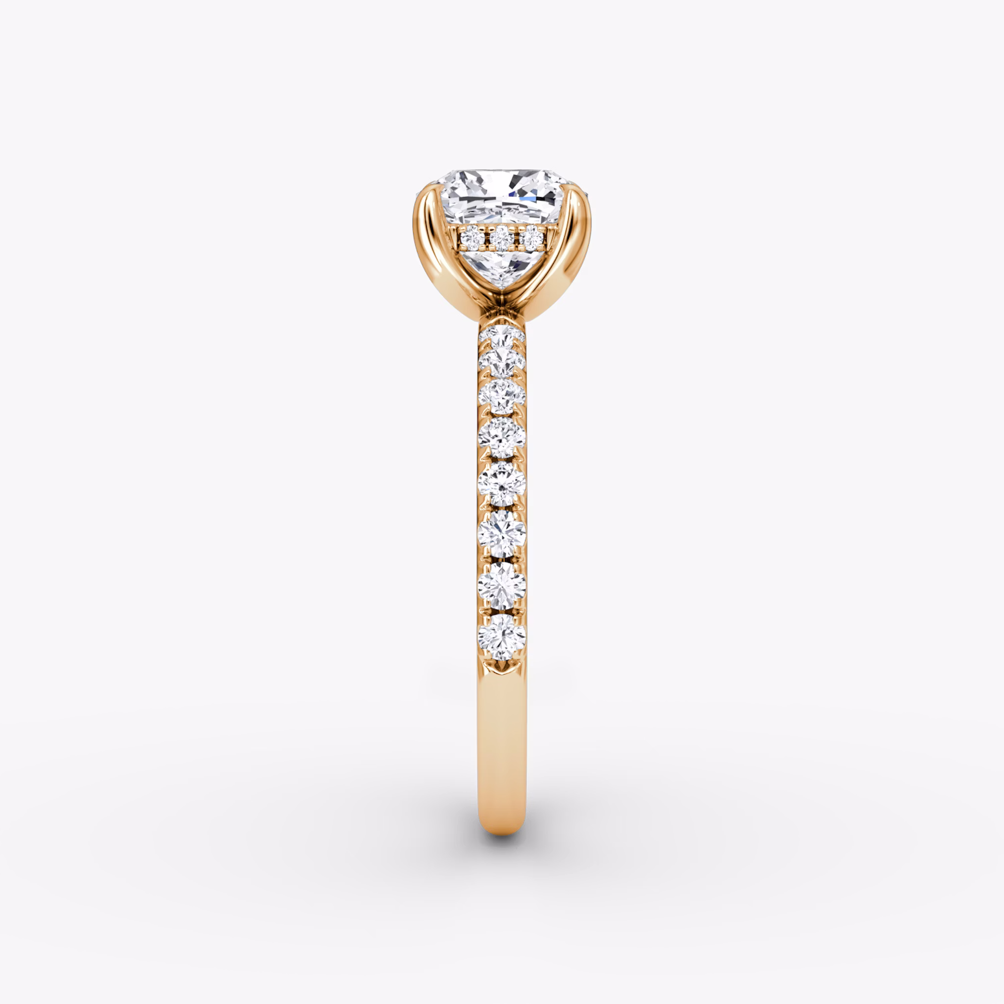 The Classic Hidden Halo | Cushion | 14k | Rose Gold | bandAccent: Pavé | bandWidth: large | prongStyle: Plain | diamondOrientation: vertical | caratWeight: other