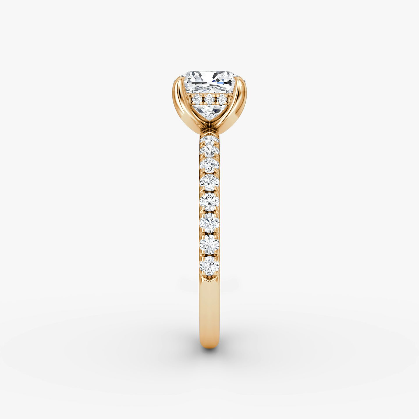 The Classic Hidden Halo | Cushion | 14k | Rose Gold | bandAccent: Pavé | bandWidth: large | prongStyle: Plain | diamondOrientation: vertical | caratWeight: other