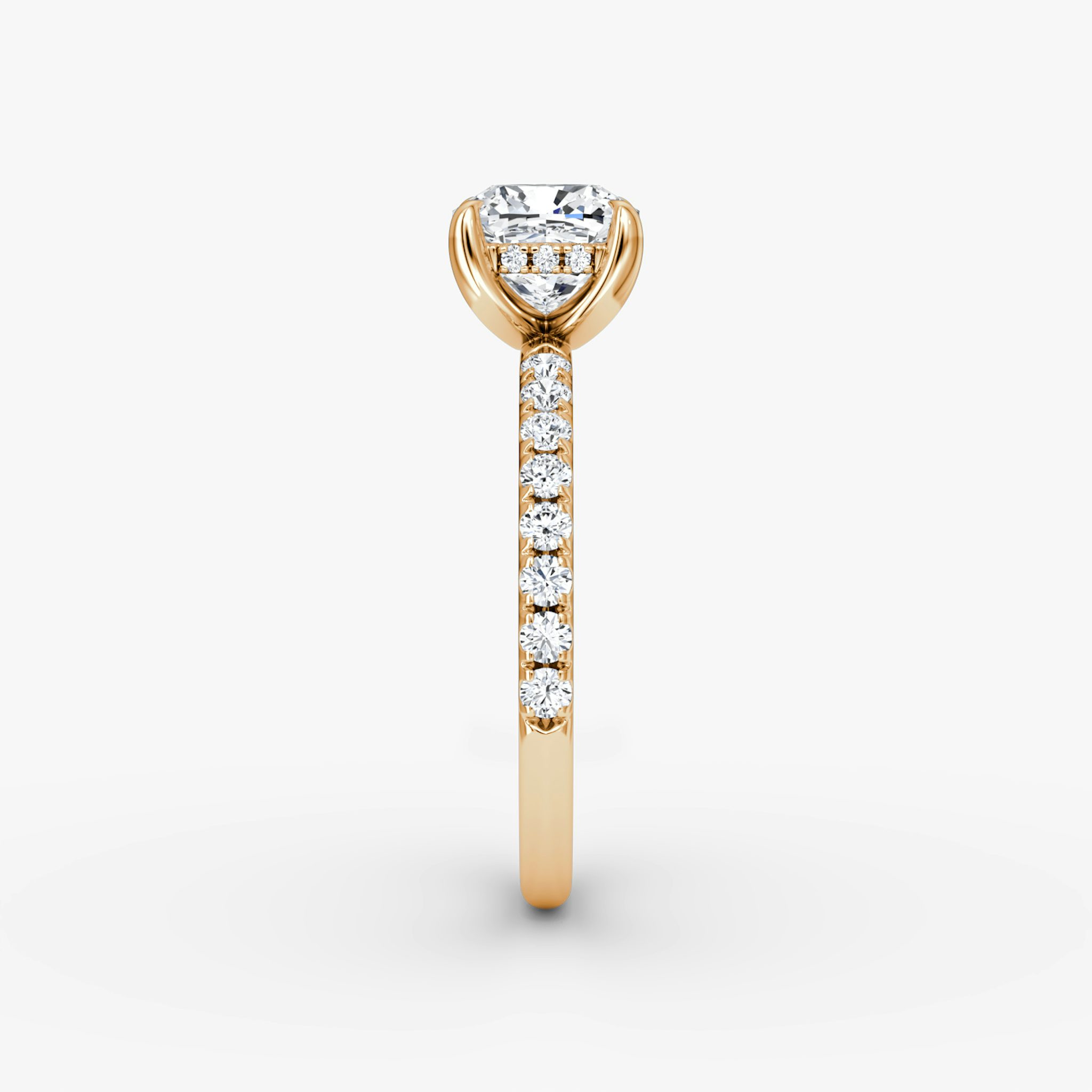 The Classic Hidden Halo | Cushion | 14k | Rose Gold | bandAccent: Pavé | bandWidth: large | prongStyle: Plain | diamondOrientation: vertical | caratWeight: other