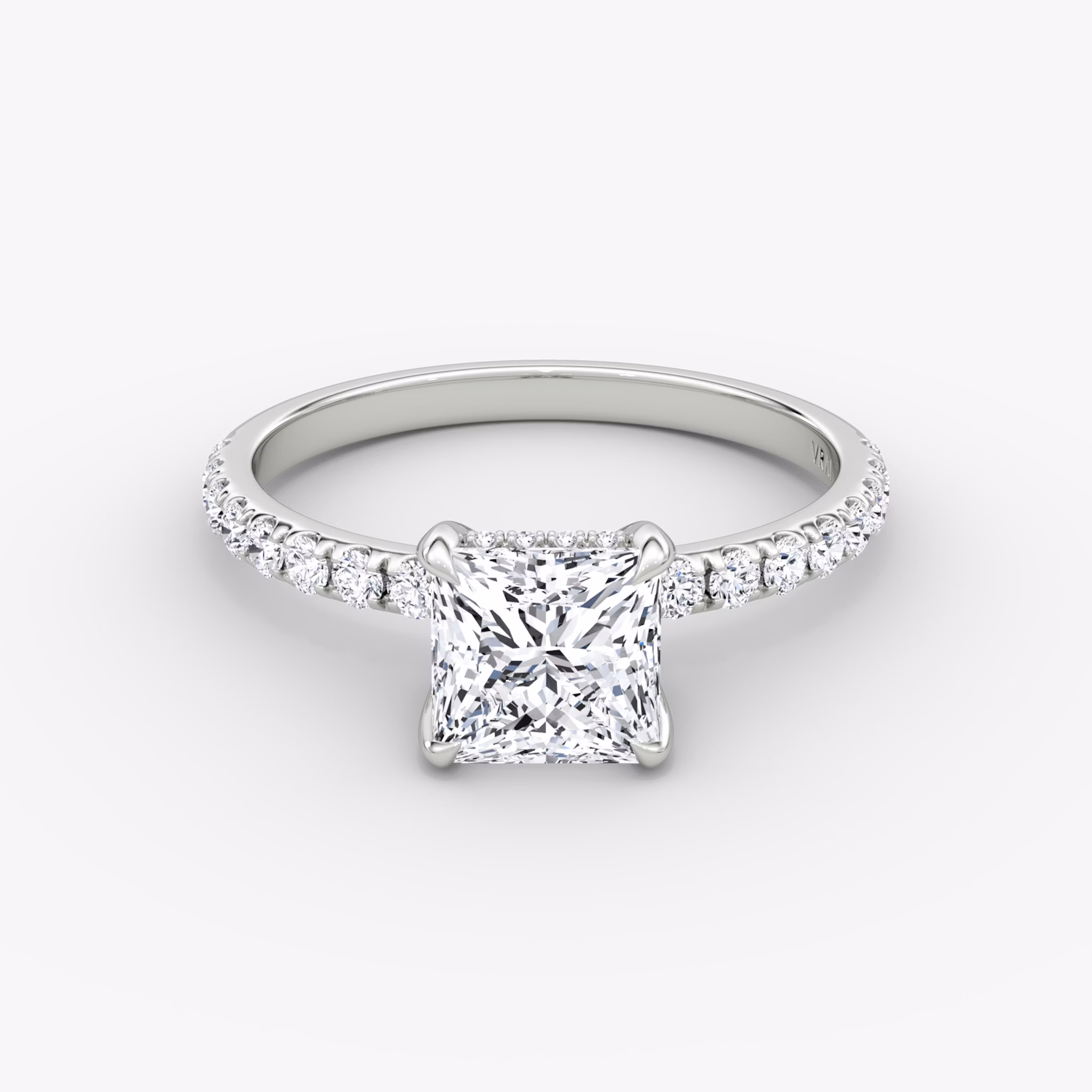 The Classic Hidden Halo | Princess | Platinum | bandAccent: Pavé | bandWidth: large | prongStyle: Plain | diamondOrientation: vertical | caratWeight: other
