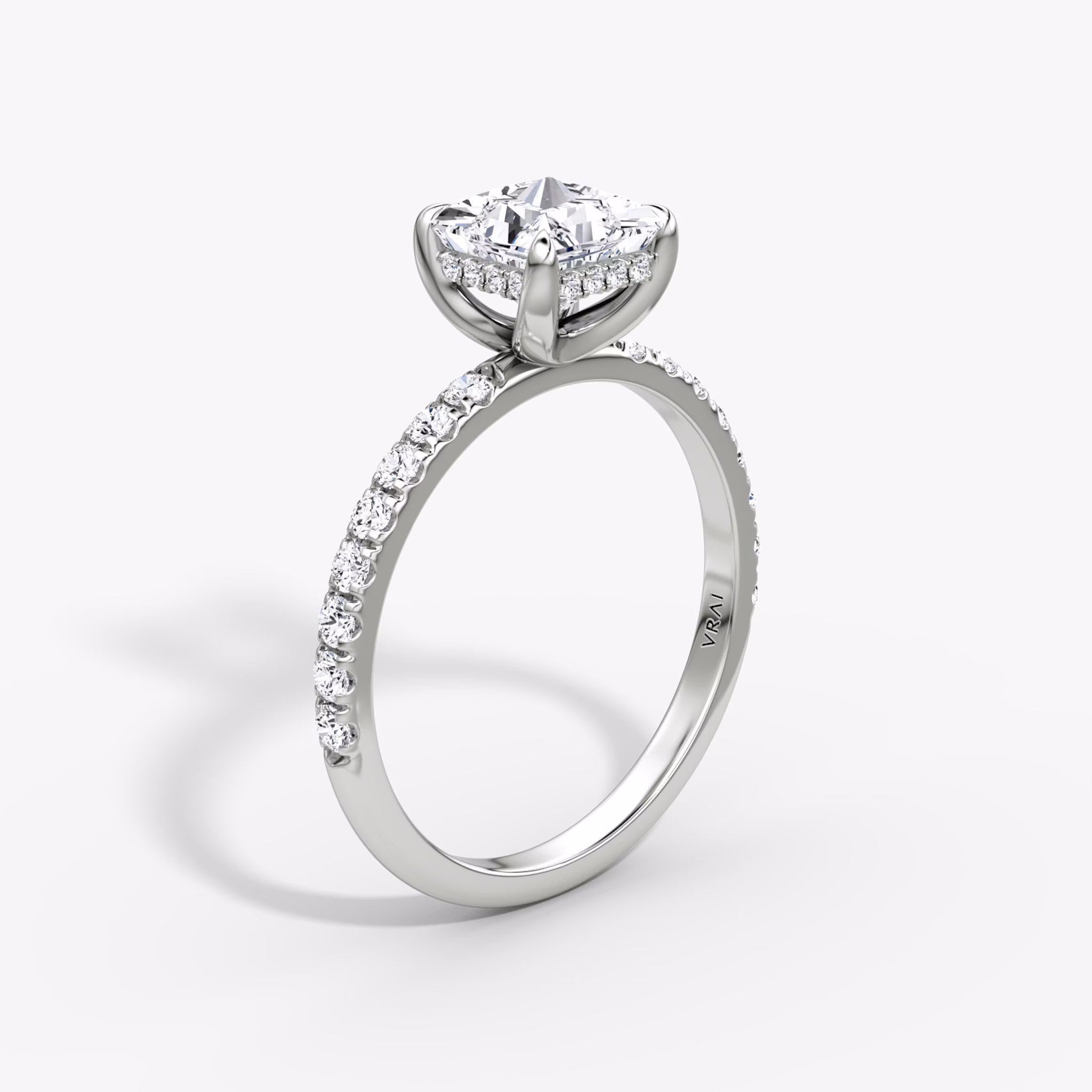 The Classic Hidden Halo | Princess | 18k | White Gold | bandAccent: Pavé | bandWidth: large | prongStyle: Plain | diamondOrientation: vertical | caratWeight: other