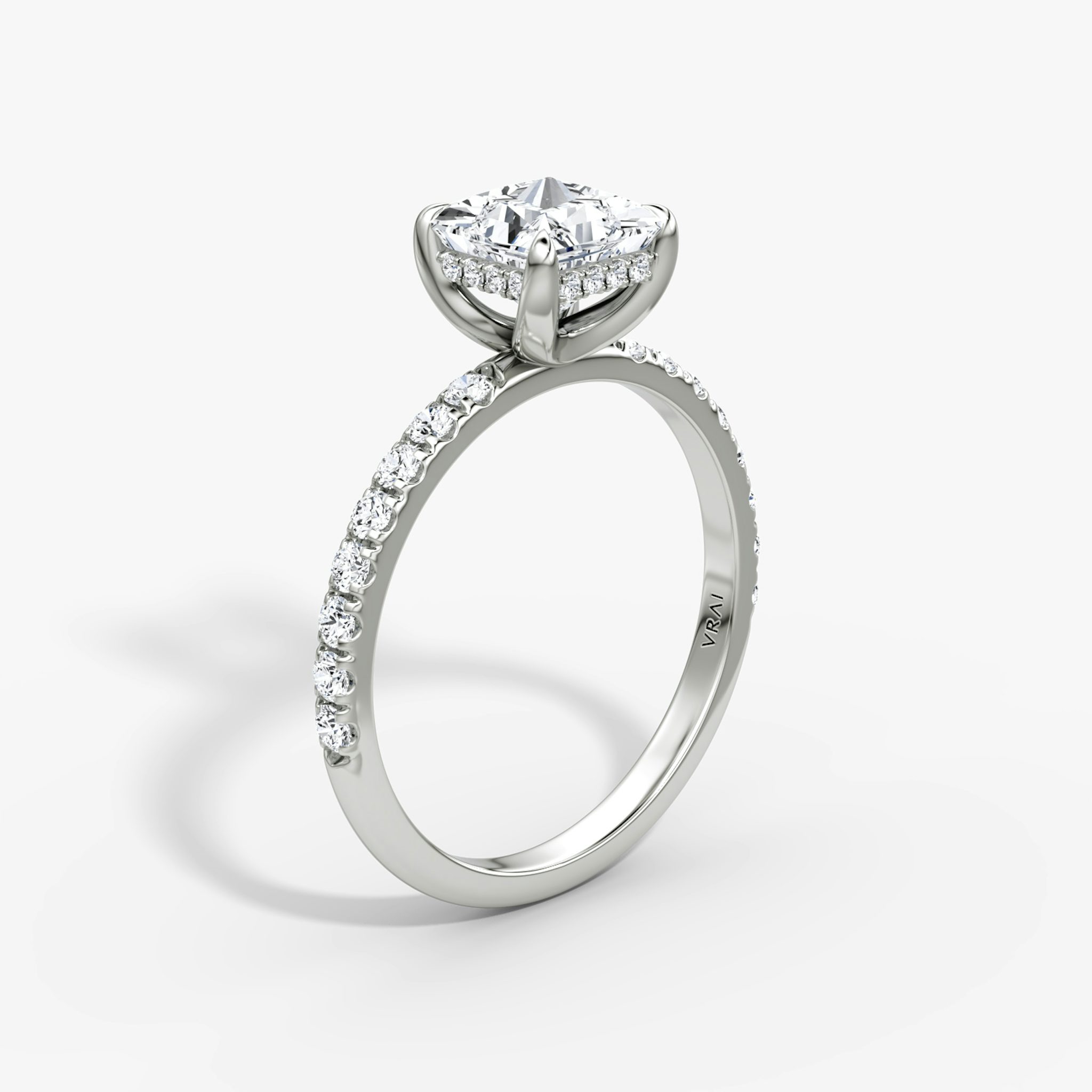 The Classic Hidden Halo | Princess | 18k | White Gold | bandAccent: Pavé | bandWidth: large | prongStyle: Plain | diamondOrientation: vertical | caratWeight: other