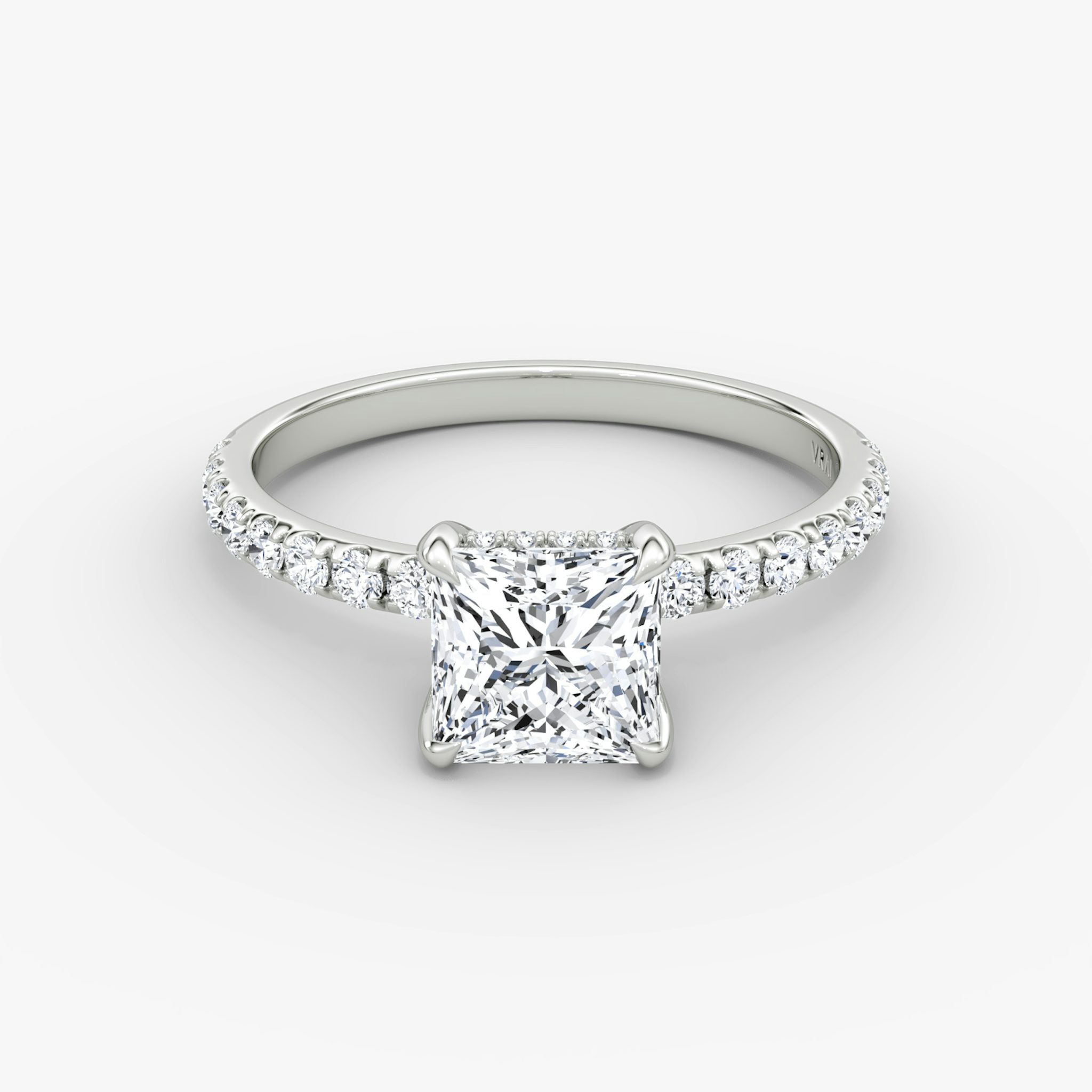 The Classic Hidden Halo | Princess | 18k | White Gold | bandAccent: Pavé | bandWidth: large | prongStyle: Plain | diamondOrientation: vertical | caratWeight: other