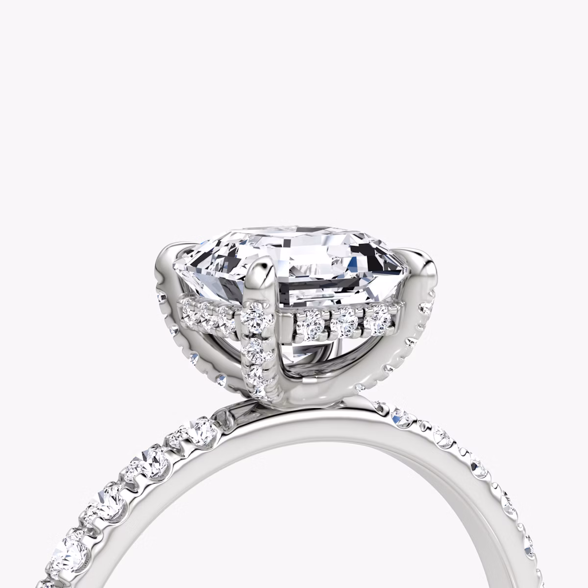 The Classic Hidden Halo | Asscher | Platinum | bandAccent: Pavé | bandWidth: large | prongStyle: Pavé | diamondOrientation: vertical | caratWeight: other