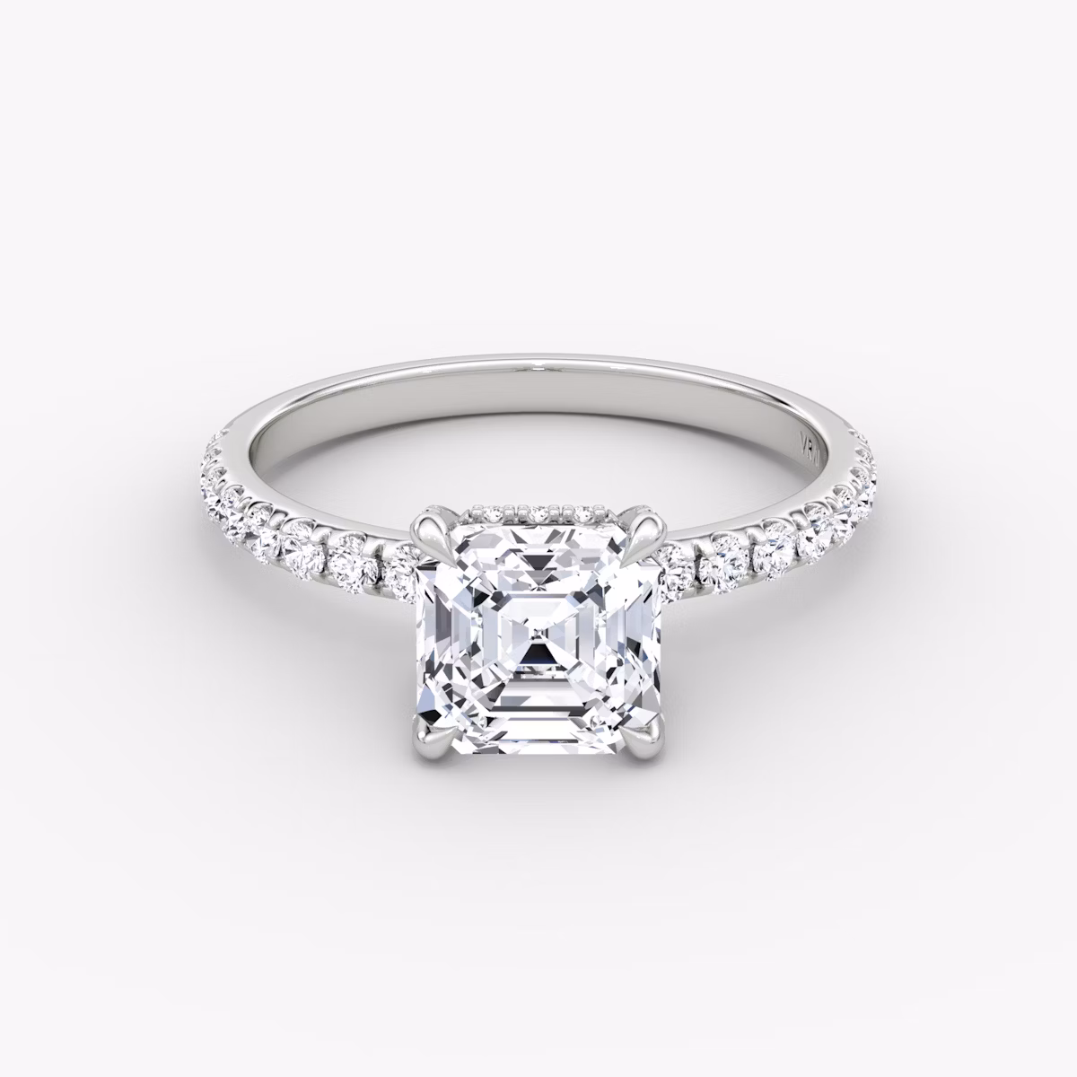 The Classic Hidden Halo | Asscher | Platinum | bandAccent: Pavé | bandWidth: large | prongStyle: Pavé | diamondOrientation: vertical | caratWeight: other