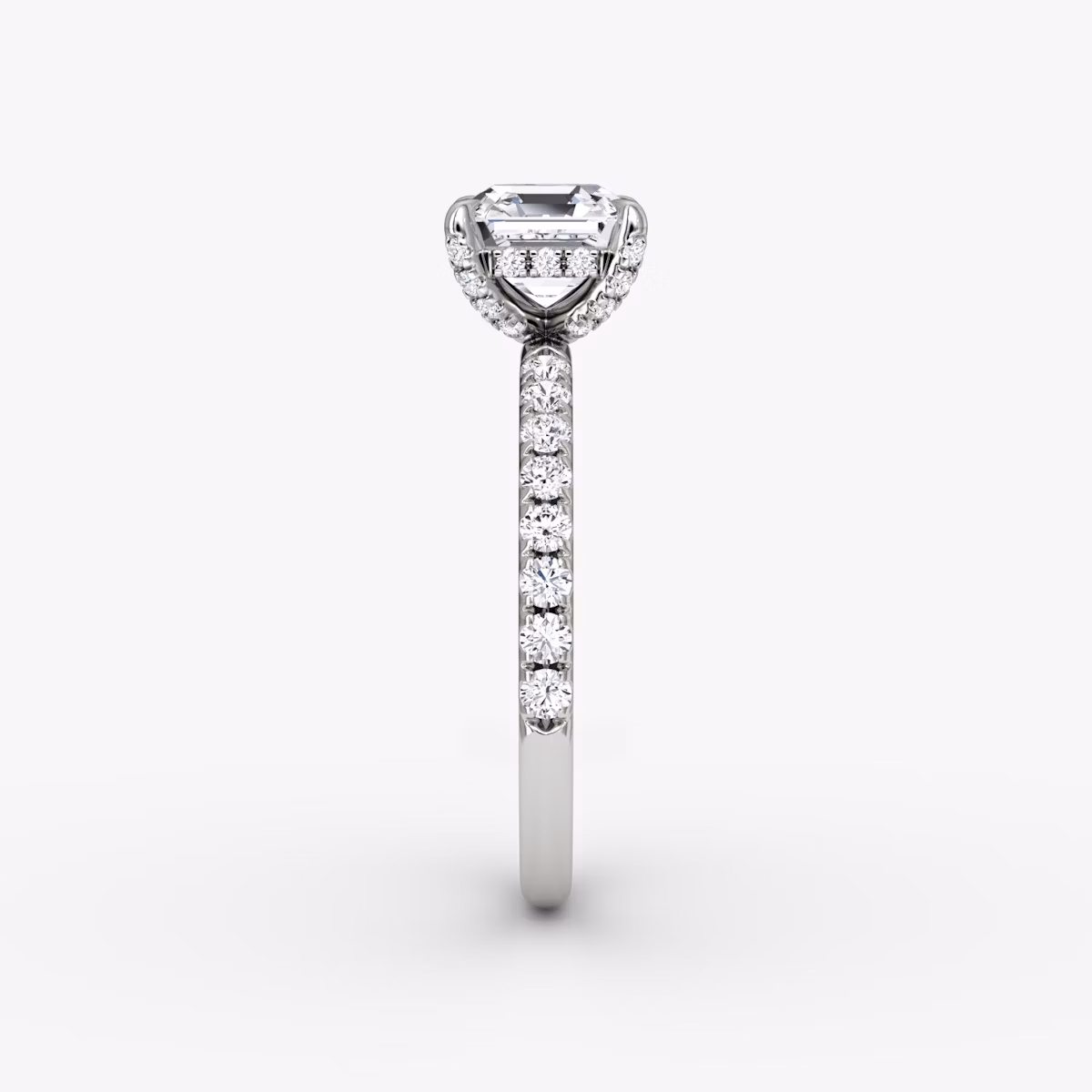 The Classic Hidden Halo | Asscher | Platinum | bandAccent: Pavé | bandWidth: large | prongStyle: Pavé | diamondOrientation: vertical | caratWeight: other