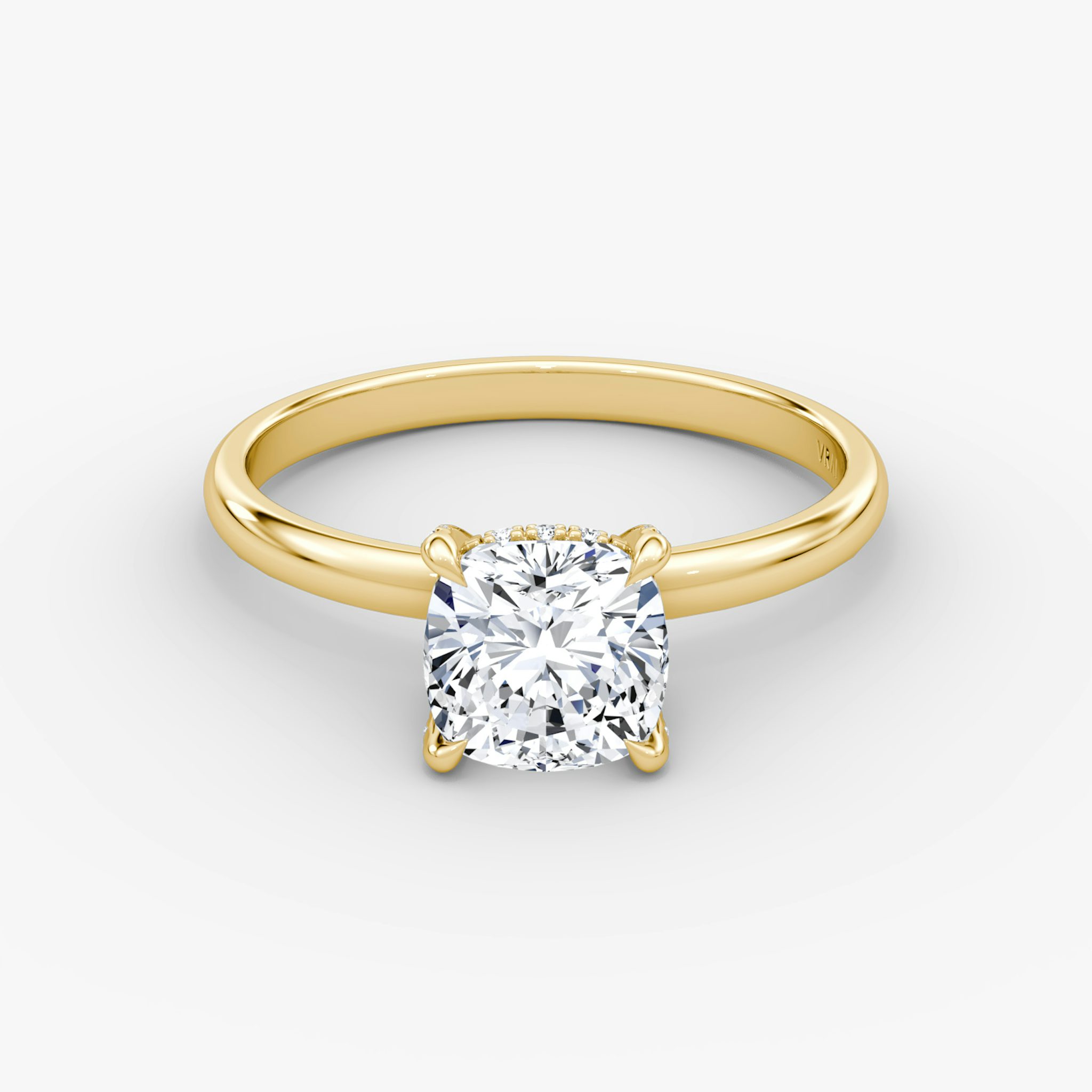 The Classic Hidden Halo | Cushion | 18k | Yellow Gold | bandAccent: Plain | bandWidth: large | prongStyle: Pavé | diamondOrientation: vertical | caratWeight: other