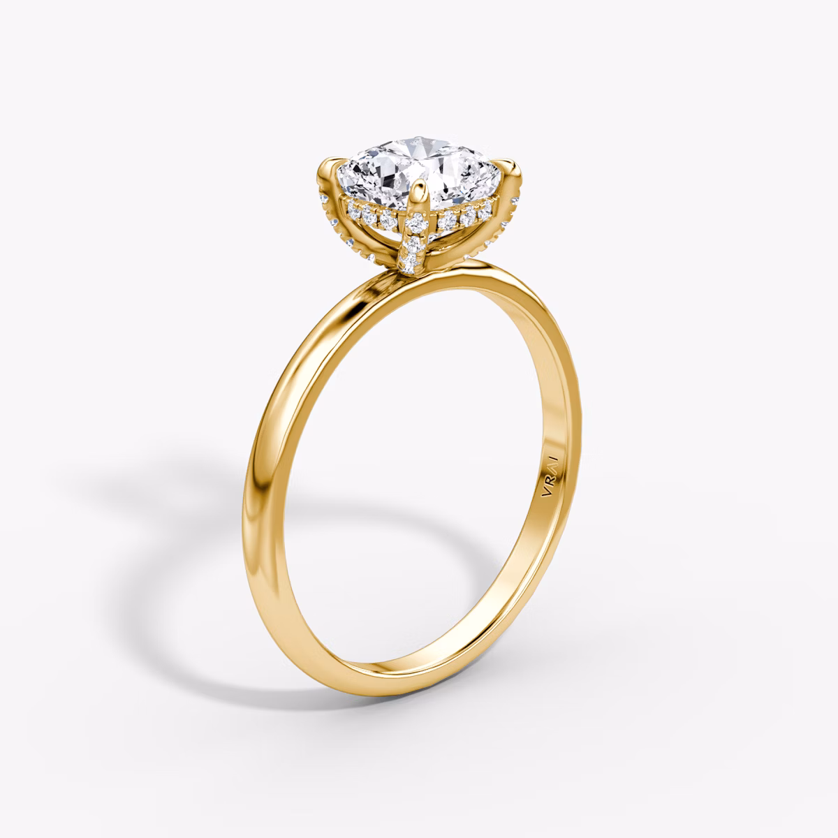 The Classic Hidden Halo | Cushion | 18k | Yellow Gold | bandAccent: Plain | bandWidth: large | prongStyle: Pavé | diamondOrientation: vertical | caratWeight: other