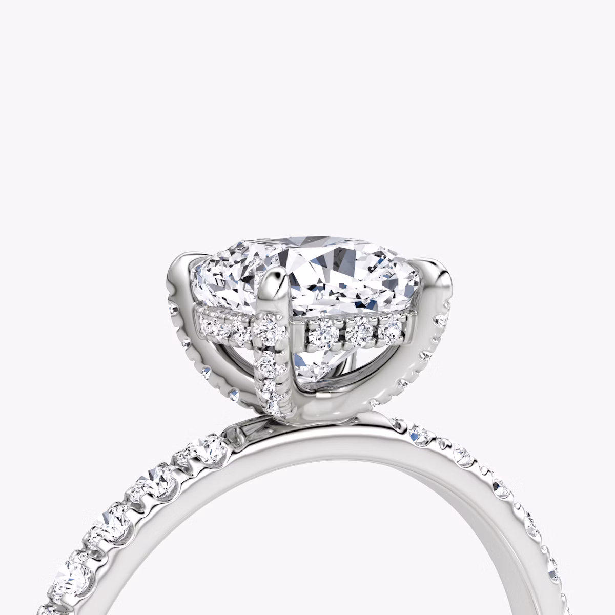The Classic Hidden Halo | Cushion | 18k | White Gold | bandAccent: Pavé | bandWidth: large | prongStyle: Pavé | diamondOrientation: vertical | caratWeight: other