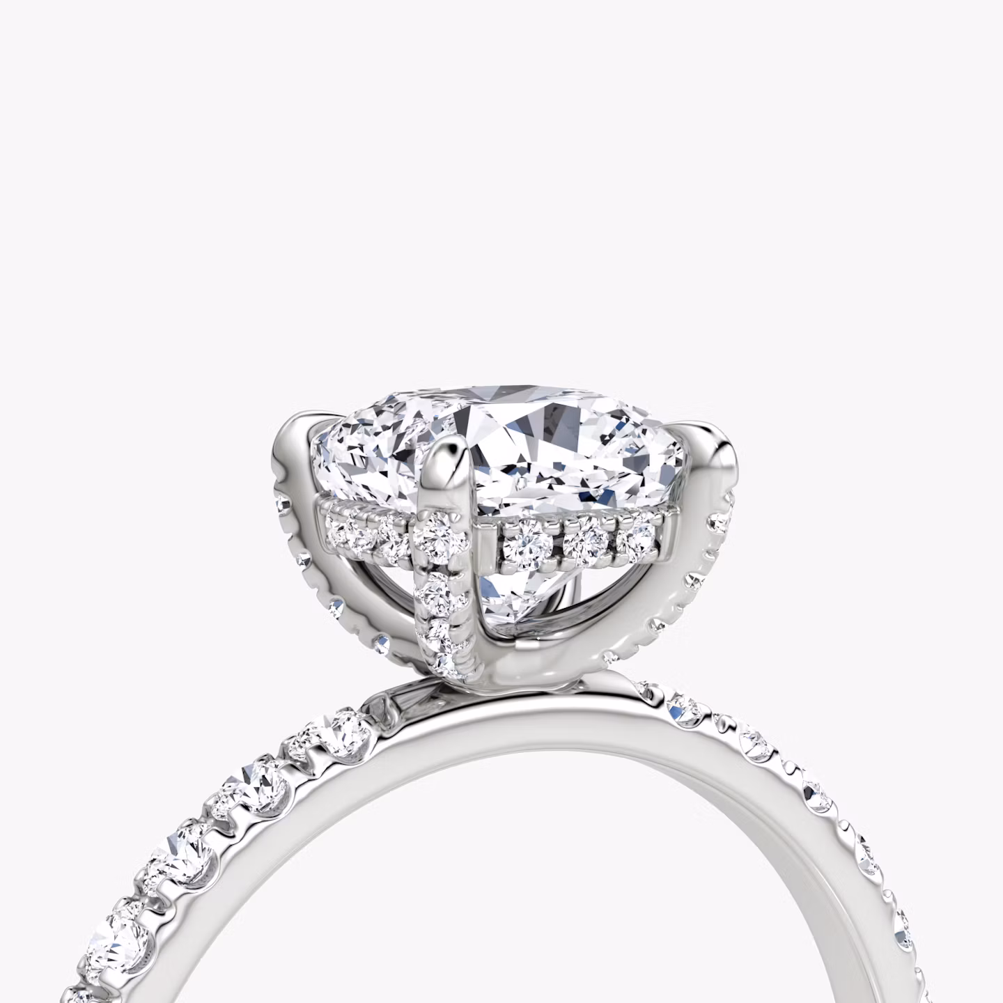 The Classic Hidden Halo | Cushion | 18k | White Gold | bandAccent: Pavé | bandWidth: large | prongStyle: Pavé | diamondOrientation: vertical | caratWeight: other