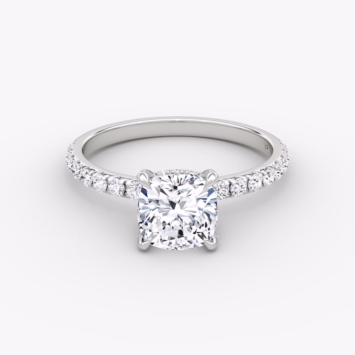 The Classic Hidden Halo | Cushion | 18k | White Gold | bandAccent: Pavé | bandWidth: large | prongStyle: Pavé | diamondOrientation: vertical | caratWeight: other