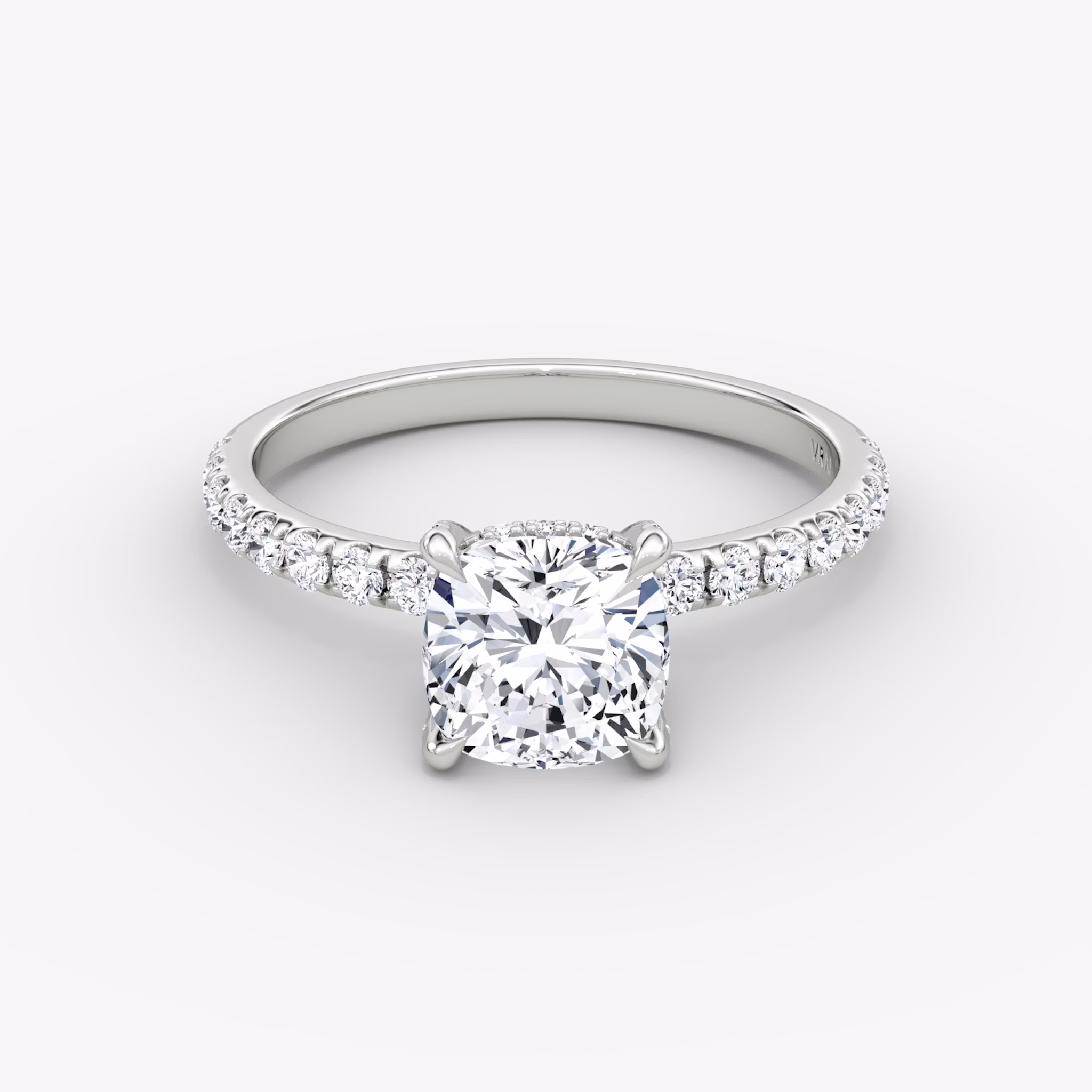 The Classic Hidden Halo | Cushion | Platinum | bandAccent: Pavé | bandWidth: large | prongStyle: Pavé | diamondOrientation: vertical | caratWeight: other