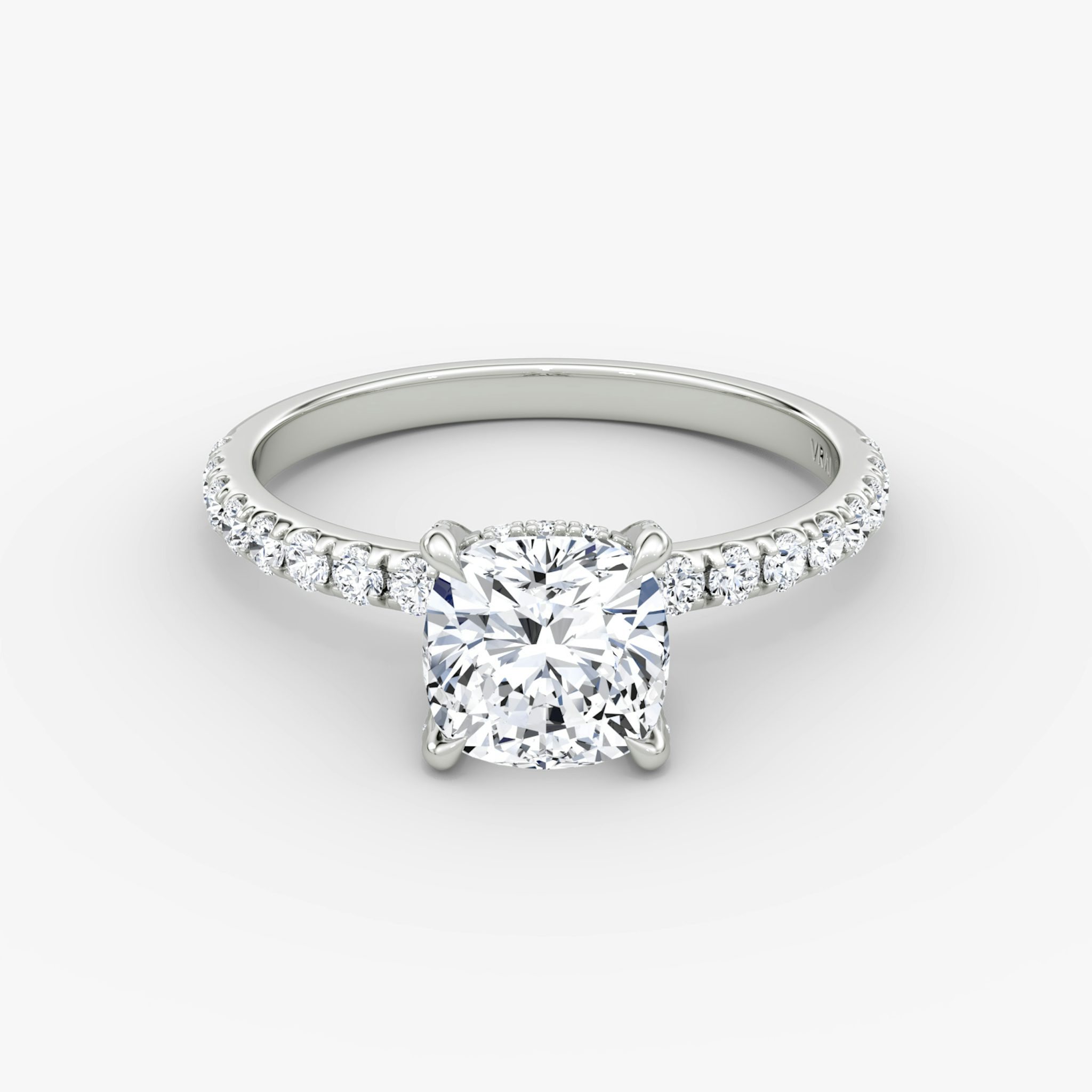 The Classic Hidden Halo | Cushion | Platinum | bandAccent: Pavé | bandWidth: large | prongStyle: Pavé | diamondOrientation: vertical | caratWeight: other