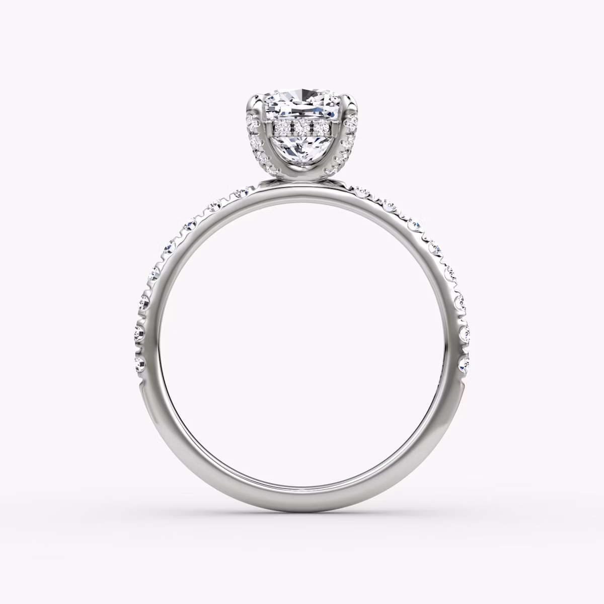 The Classic Hidden Halo | Cushion | 18k | White Gold | bandAccent: Pavé | bandWidth: large | prongStyle: Pavé | diamondOrientation: vertical | caratWeight: other