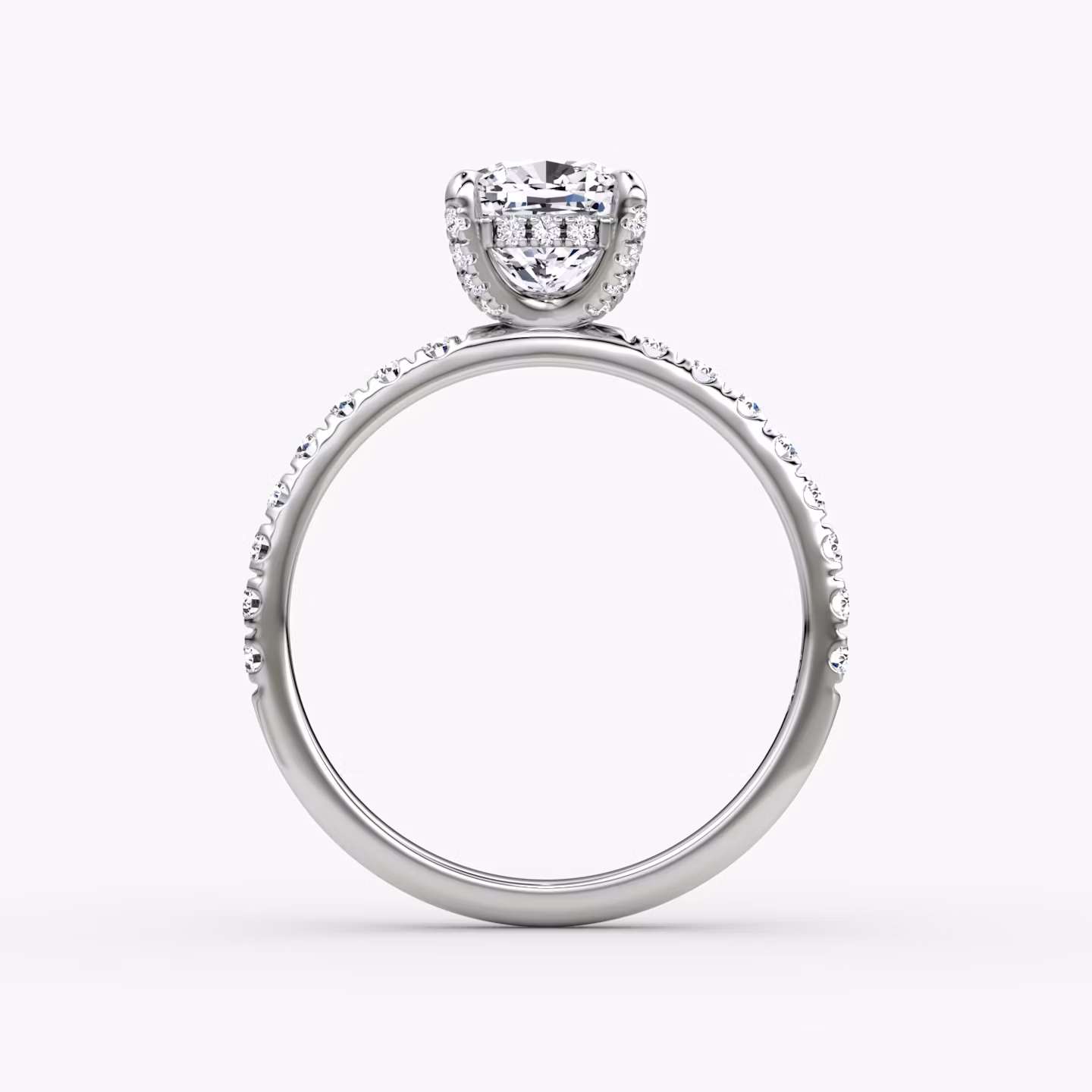 The Classic Hidden Halo | Cushion | 18k | White Gold | bandAccent: Pavé | bandWidth: large | prongStyle: Pavé | diamondOrientation: vertical | caratWeight: other