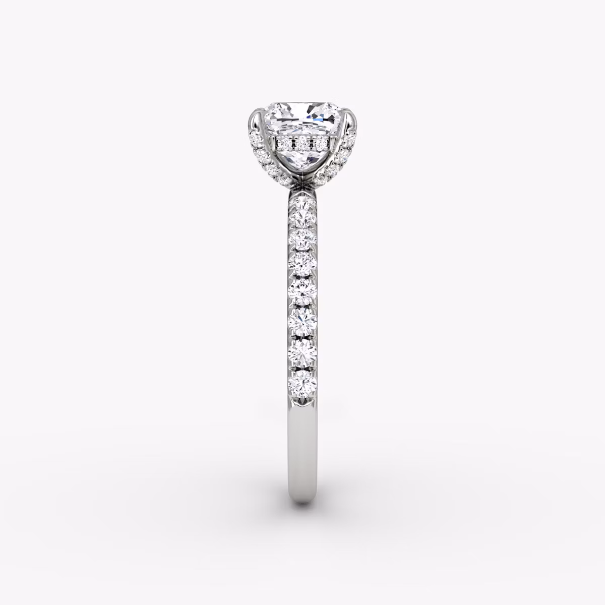 The Classic Hidden Halo | Cushion | 18k | White Gold | bandAccent: Pavé | bandWidth: large | prongStyle: Pavé | diamondOrientation: vertical | caratWeight: other