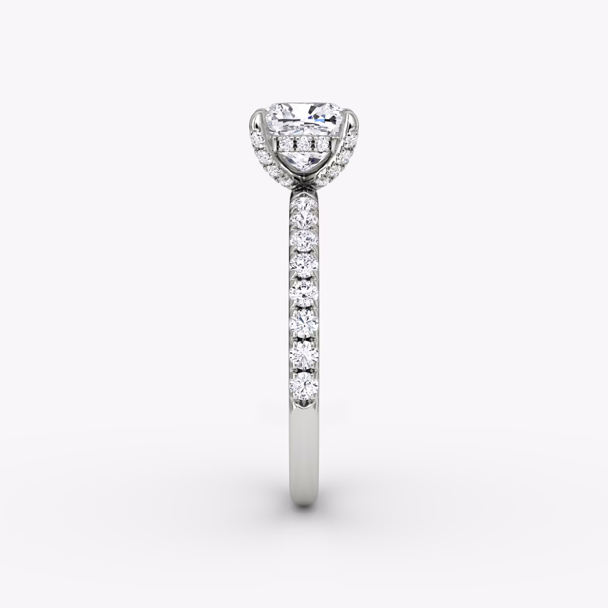 The Classic Hidden Halo | Cushion | Platinum | bandAccent: Pavé | bandWidth: large | prongStyle: Pavé | diamondOrientation: vertical | caratWeight: other