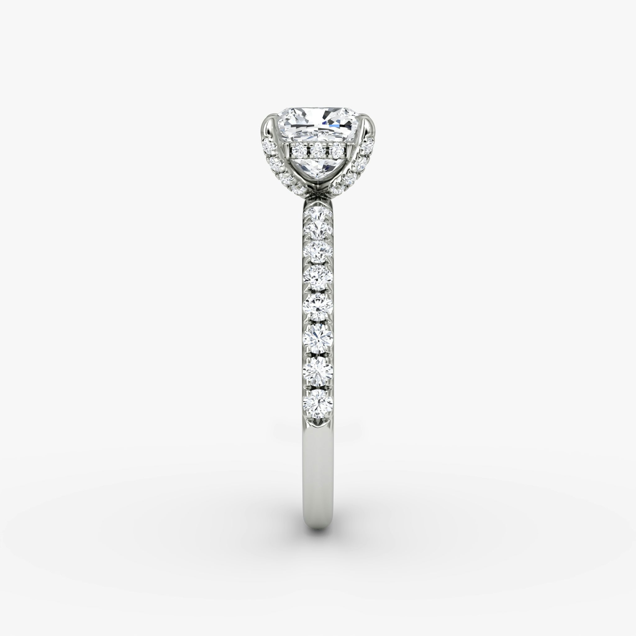 The Classic Hidden Halo | Cushion | Platinum | bandAccent: Pavé | bandWidth: large | prongStyle: Pavé | diamondOrientation: vertical | caratWeight: other
