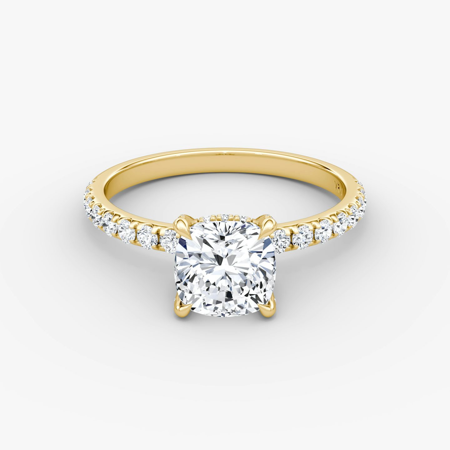 The Classic Hidden Halo | Cushion | 18k | Yellow Gold | bandAccent: Pavé | bandWidth: large | prongStyle: Pavé | diamondOrientation: vertical | caratWeight: other