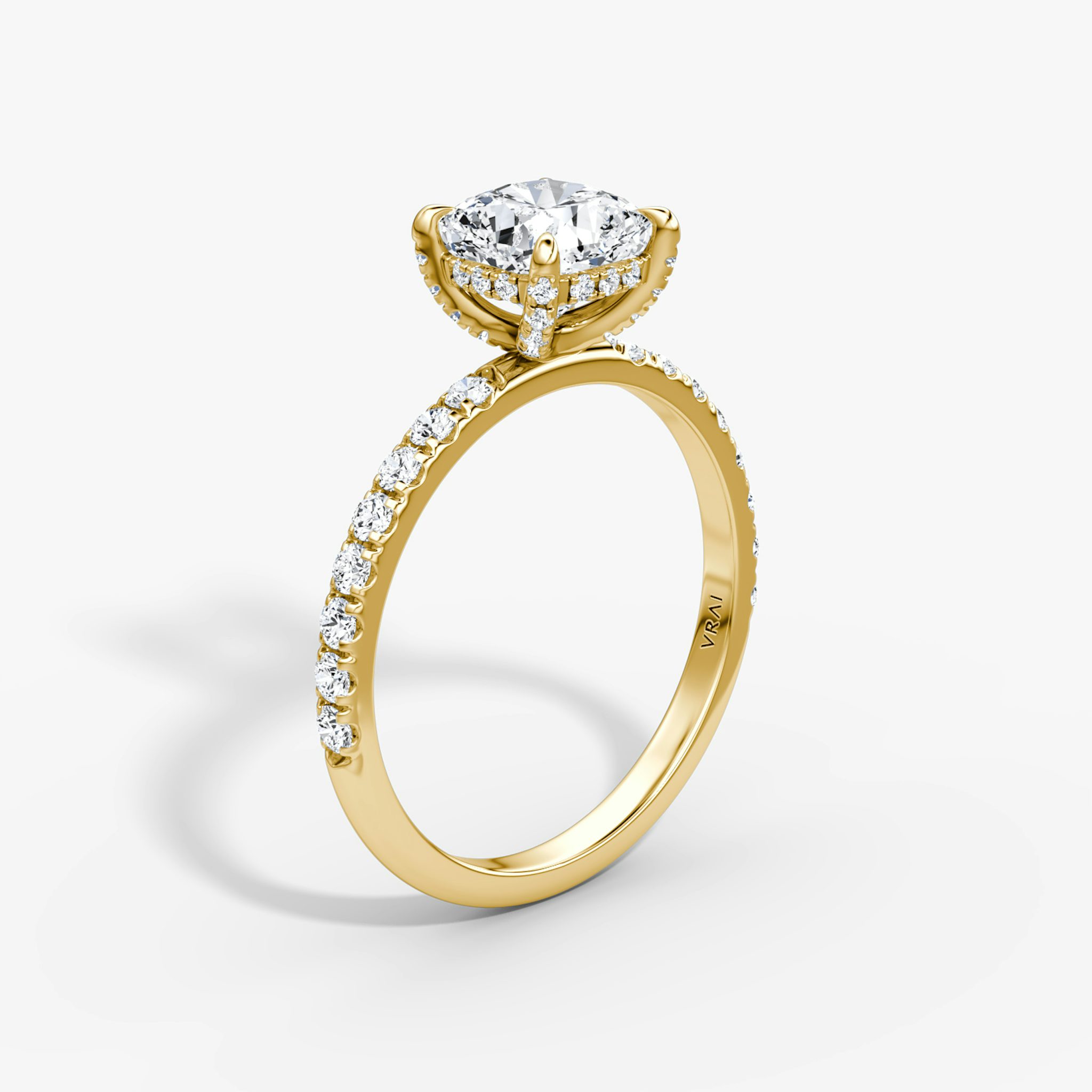 The Classic Hidden Halo | Cushion | 18k | Yellow Gold | bandAccent: Pavé | bandWidth: large | prongStyle: Pavé | diamondOrientation: vertical | caratWeight: other