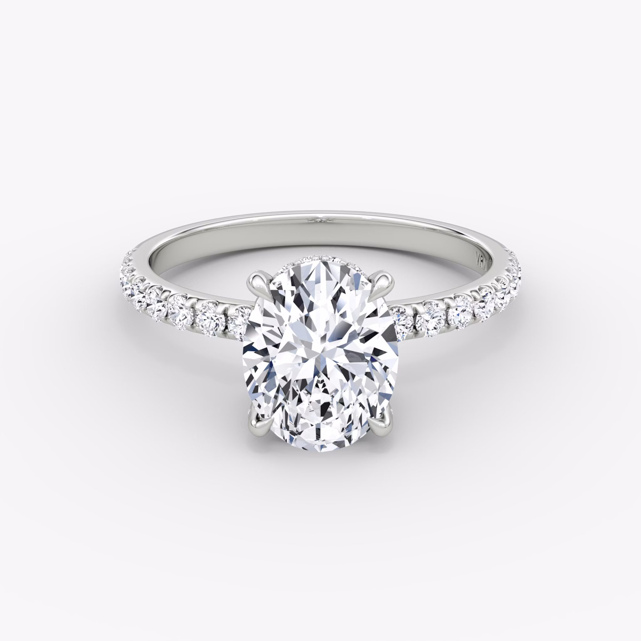 The Classic Hidden Halo | Oval | 18k | White Gold | bandAccent: Pavé | bandWidth: large | prongStyle: Pavé | diamondOrientation: vertical | caratWeight: other