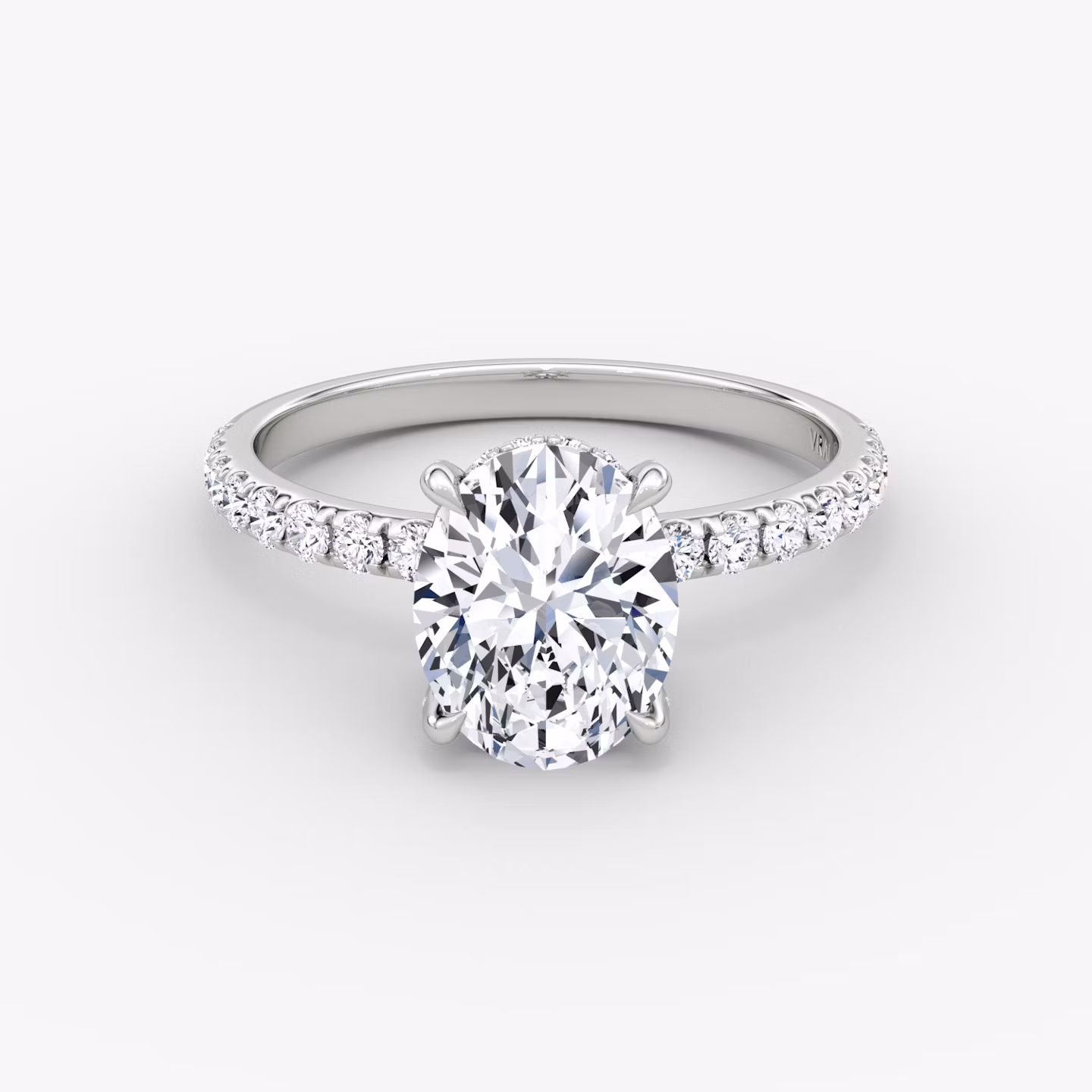 The Classic Hidden Halo | Oval | 18k | White Gold | bandAccent: Pavé | bandWidth: large | prongStyle: Pavé | diamondOrientation: vertical | caratWeight: other