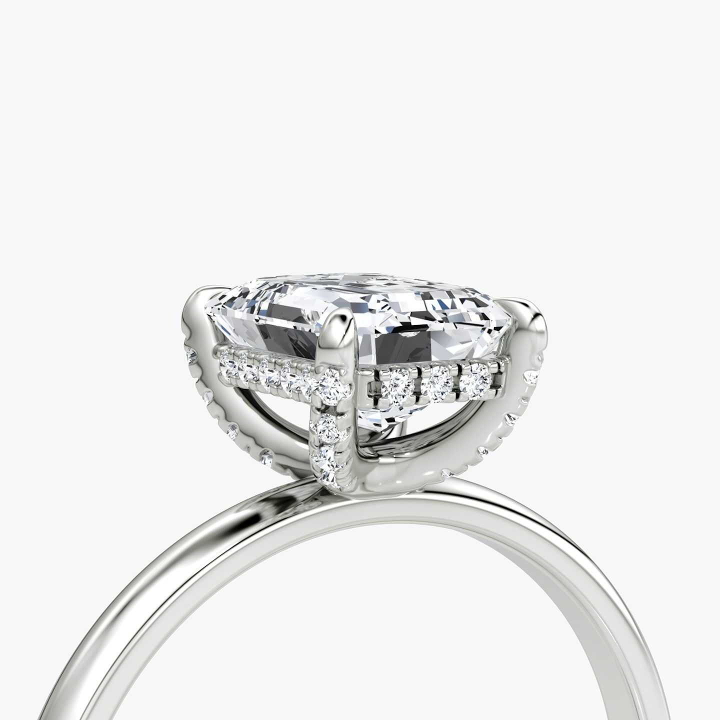 The Classic Hidden Halo | Emerald | 18k | White Gold | bandAccent: Plain | bandWidth: large | prongStyle: Pavé | diamondOrientation: vertical | caratWeight: other