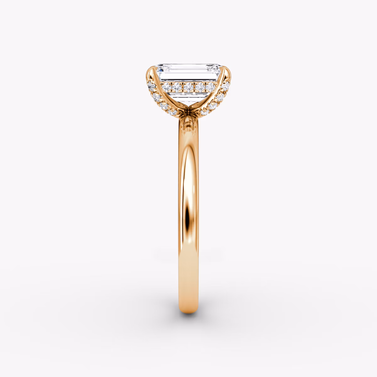 The Classic Hidden Halo | Emerald | 14k | Rose Gold | bandAccent: Plain | bandWidth: large | prongStyle: Pavé | diamondOrientation: vertical | caratWeight: other