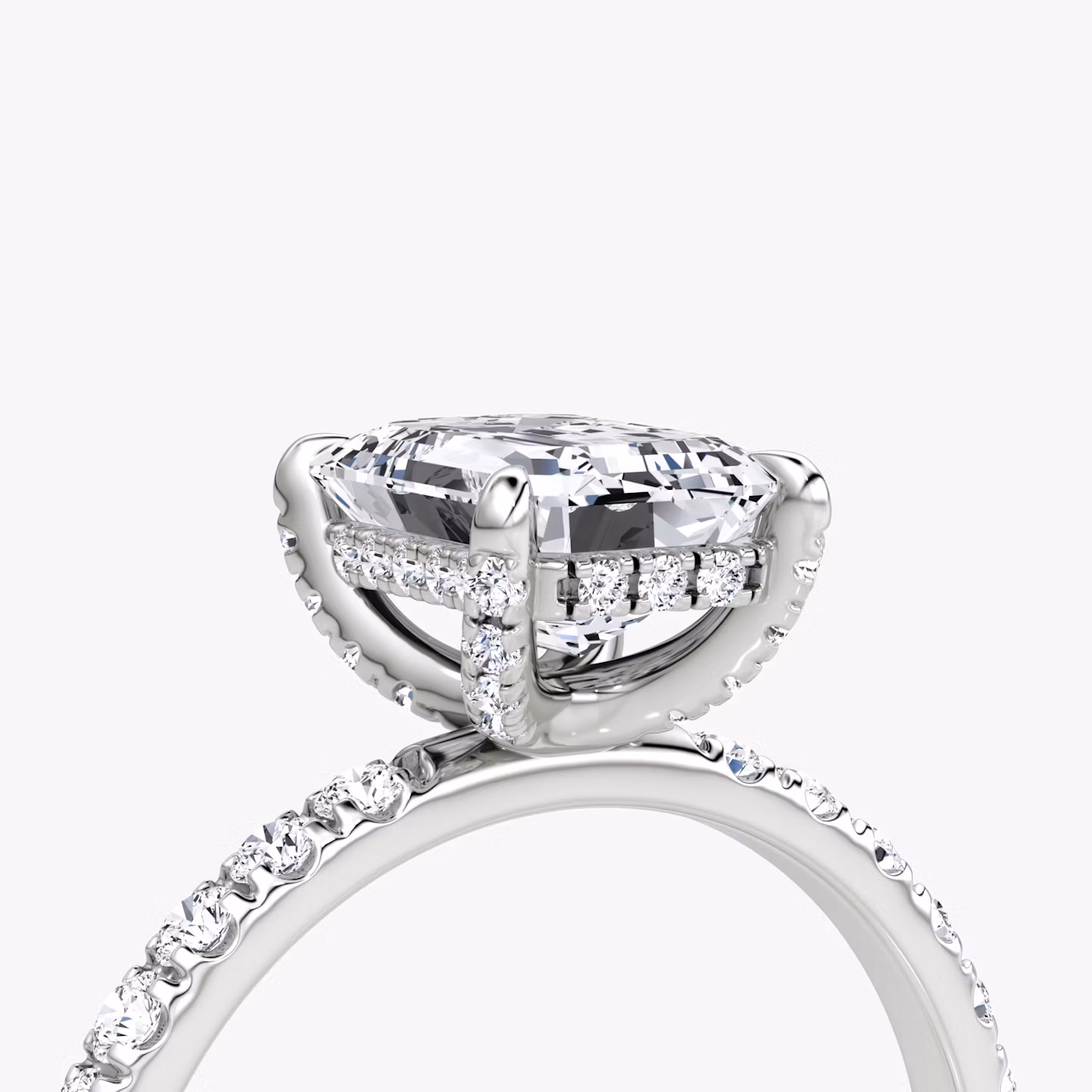 The Classic Hidden Halo | Emerald | 18k | White Gold | bandAccent: Pavé | bandWidth: large | prongStyle: Pavé | diamondOrientation: vertical | caratWeight: other