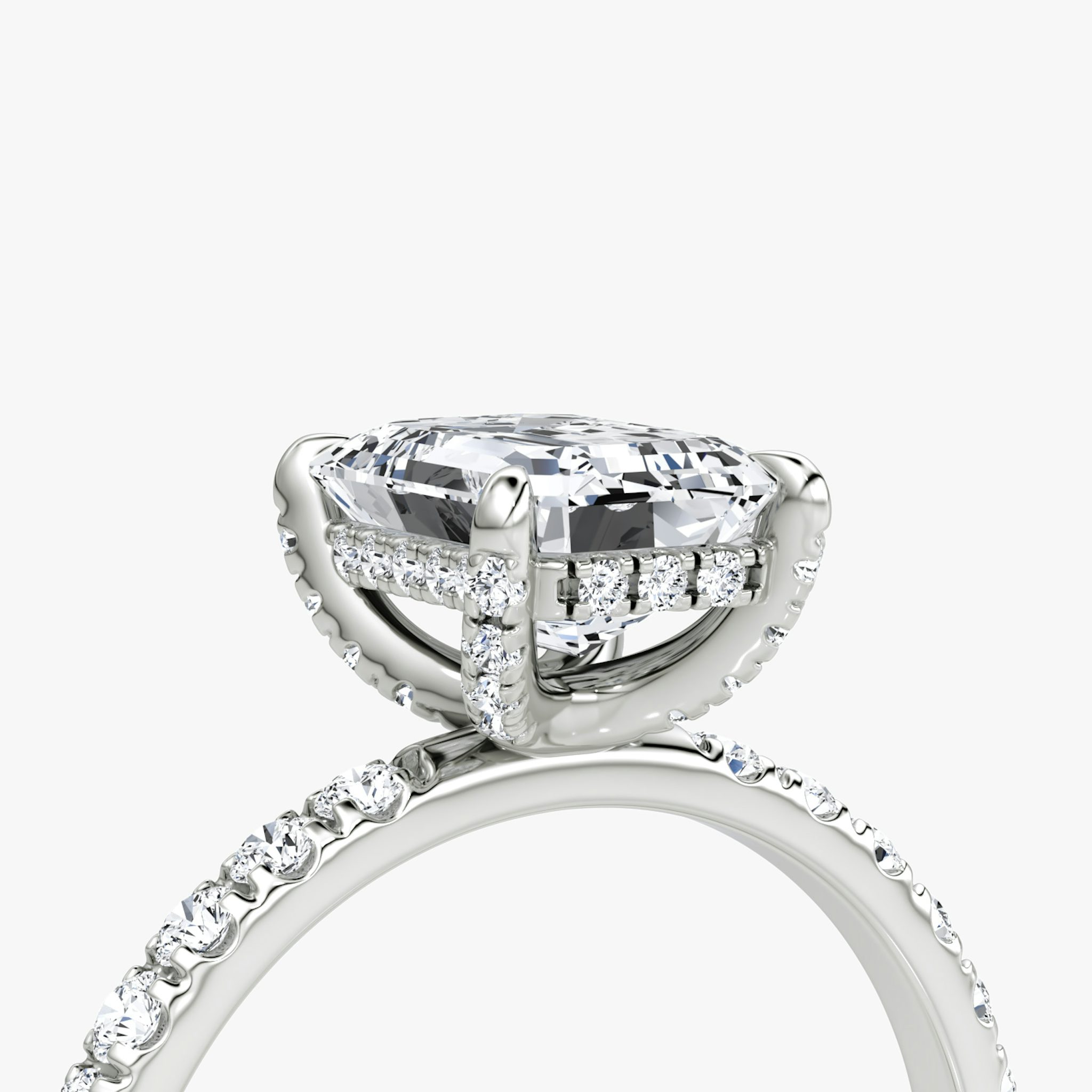 The Classic Hidden Halo | Emerald | 18k | White Gold | bandAccent: Pavé | bandWidth: large | prongStyle: Pavé | diamondOrientation: vertical | caratWeight: other