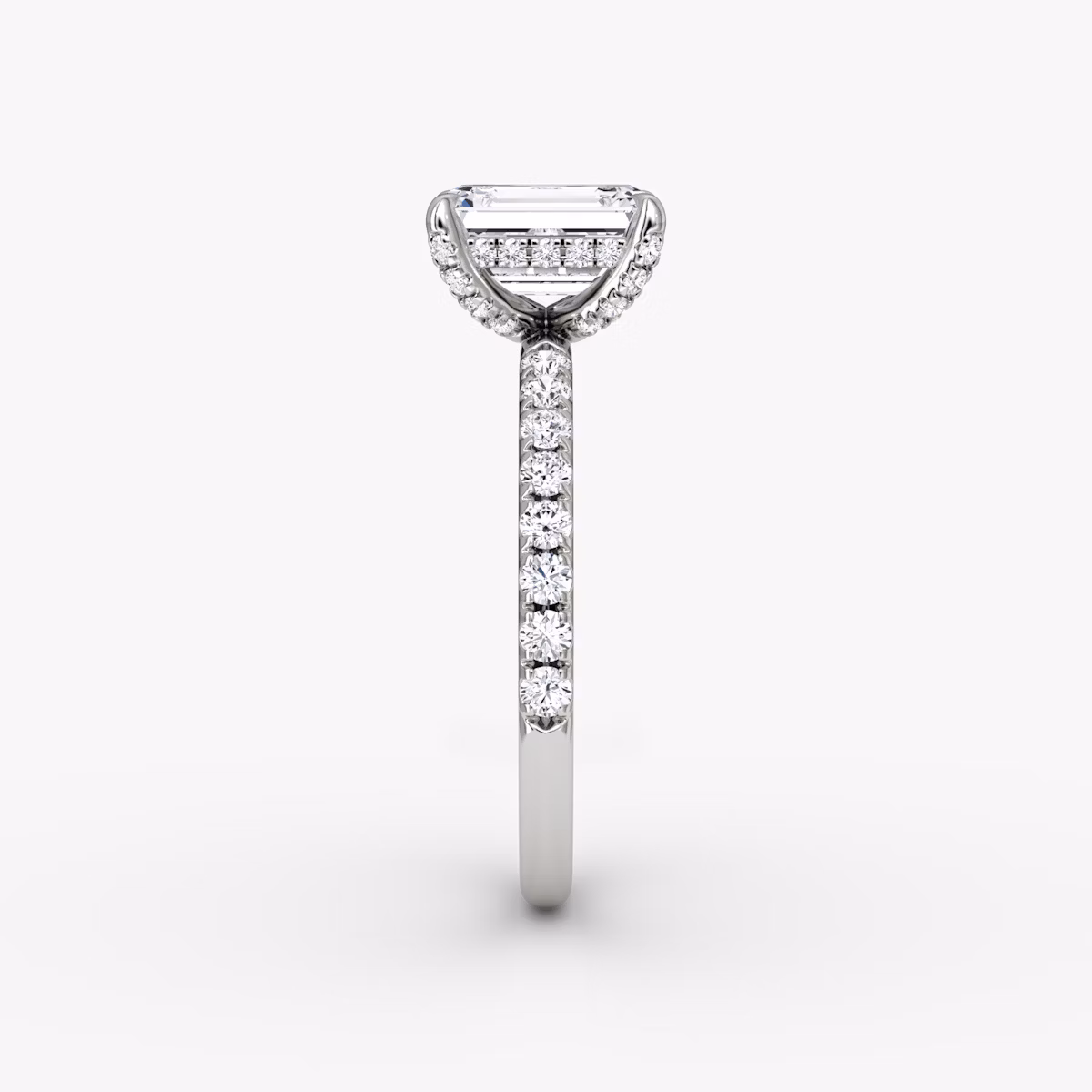 The Classic Hidden Halo | Emerald | Platinum | bandAccent: Pavé | bandWidth: large | prongStyle: Pavé | diamondOrientation: vertical | caratWeight: other