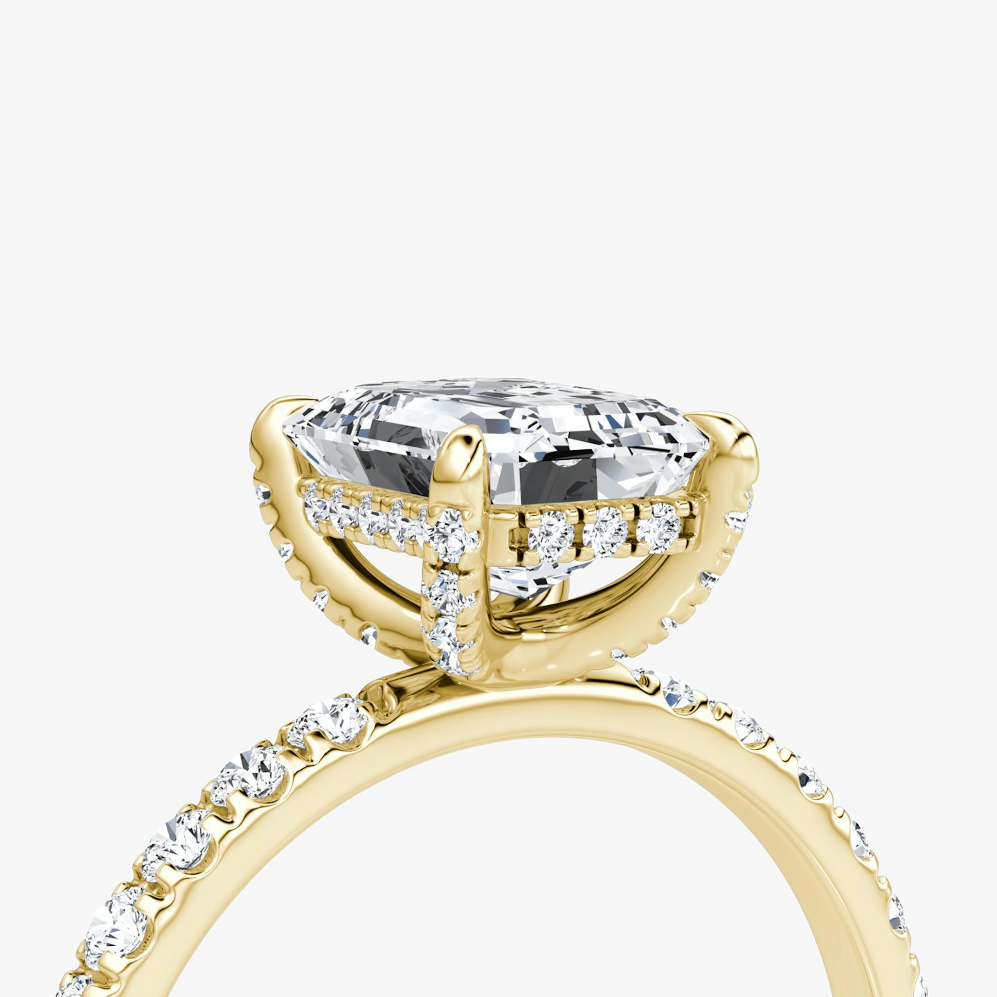 The Classic Hidden Halo | Emerald | 18k | Yellow Gold | bandAccent: Pavé | bandWidth: large | prongStyle: Pavé | diamondOrientation: vertical | caratWeight: other