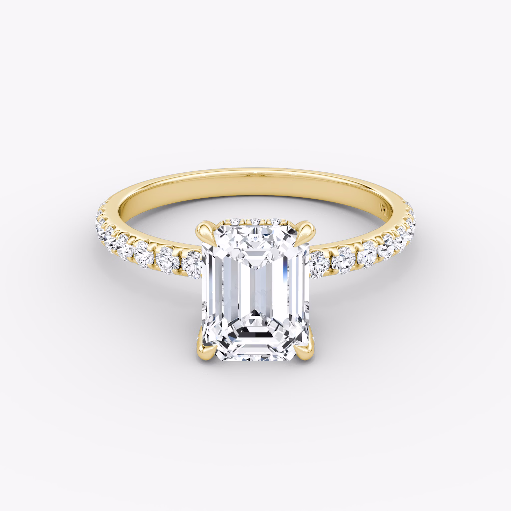 The Classic Hidden Halo | Emerald | 18k | Yellow Gold | bandAccent: Pavé | bandWidth: large | prongStyle: Pavé | diamondOrientation: vertical | caratWeight: other