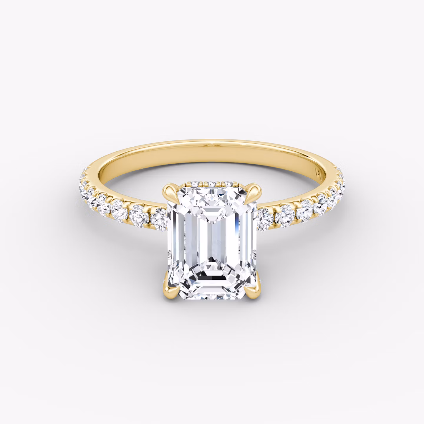 The Classic Hidden Halo | Emerald | 18k | Yellow Gold | bandAccent: Pavé | bandWidth: large | prongStyle: Pavé | diamondOrientation: vertical | caratWeight: other
