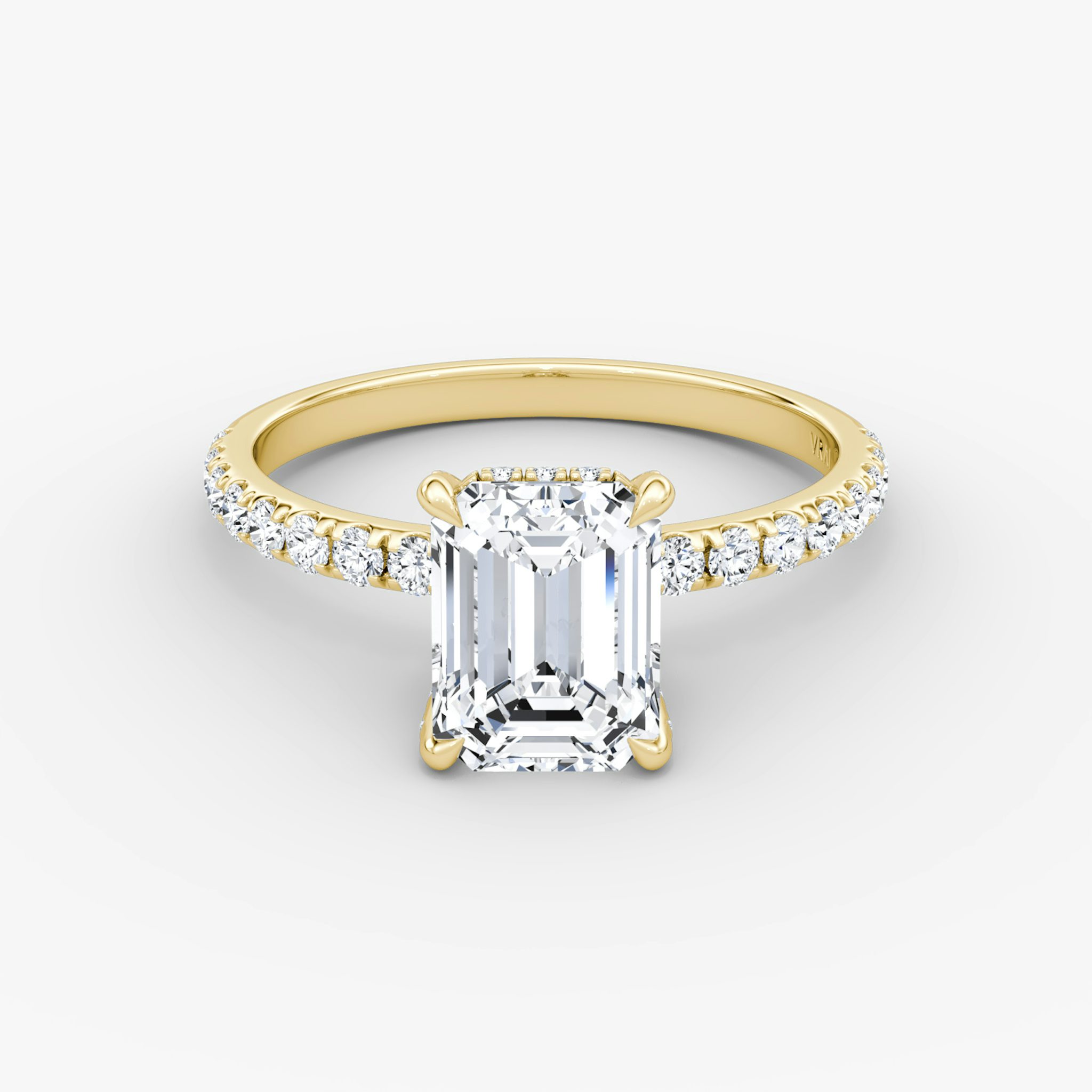 The Classic Hidden Halo | Emerald | 18k | Yellow Gold | bandAccent: Pavé | bandWidth: large | prongStyle: Pavé | diamondOrientation: vertical | caratWeight: other