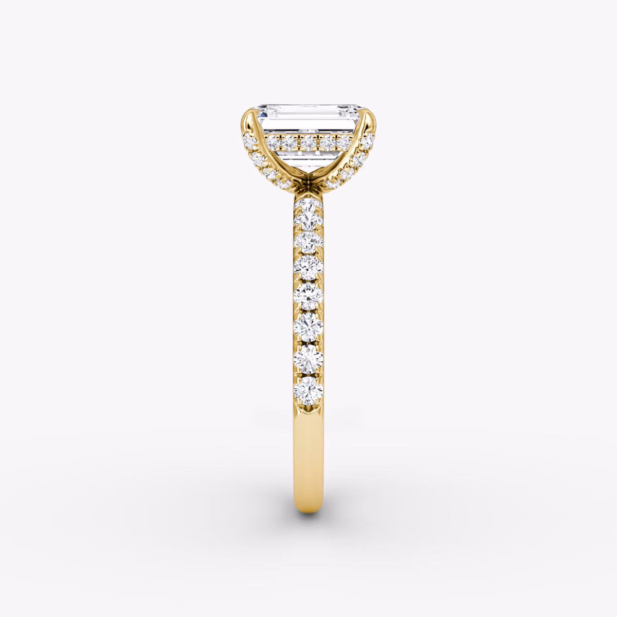 The Classic Hidden Halo | Emerald | 18k | Yellow Gold | bandAccent: Pavé | bandWidth: large | prongStyle: Pavé | diamondOrientation: vertical | caratWeight: other