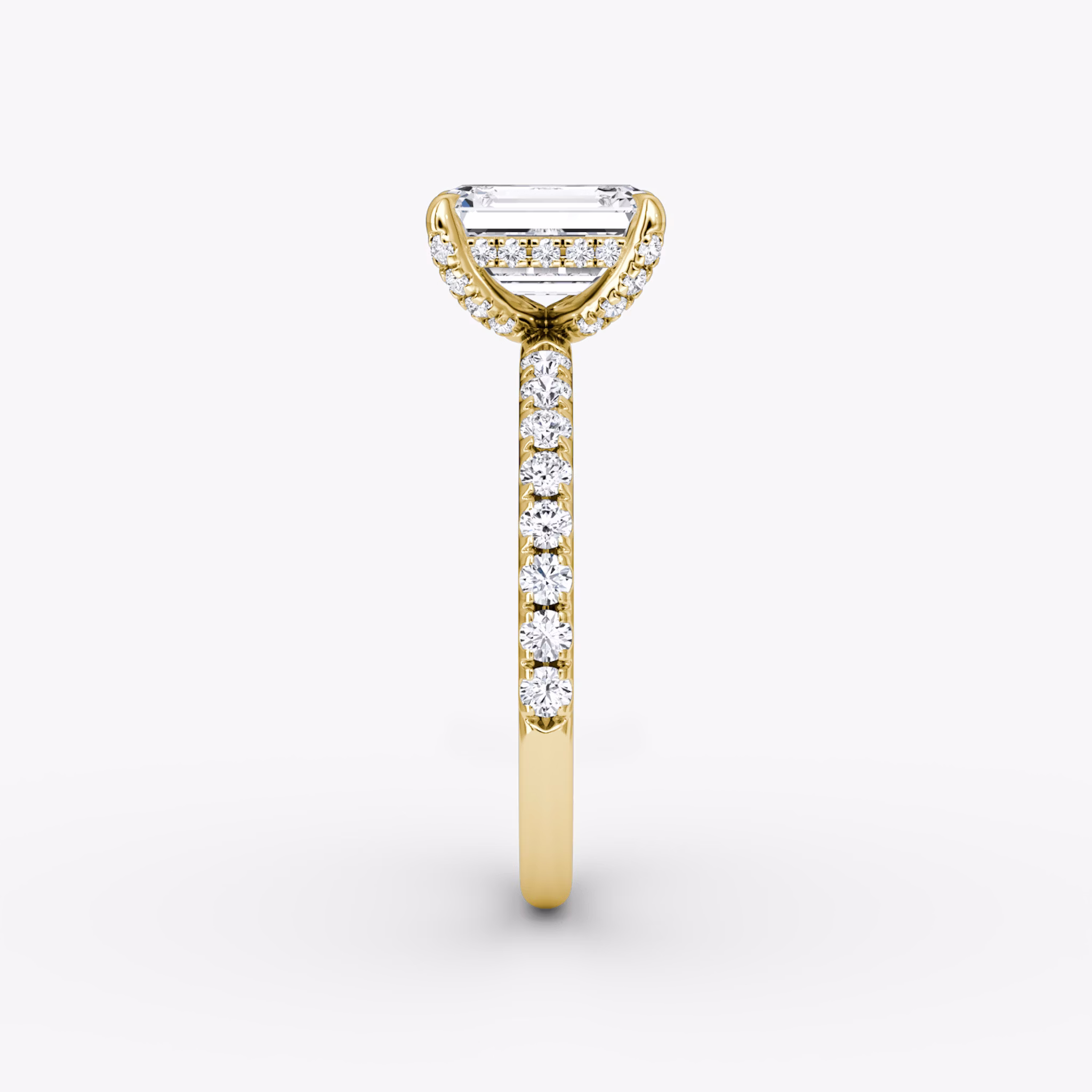 The Classic Hidden Halo | Emerald | 18k | Yellow Gold | bandAccent: Pavé | bandWidth: large | prongStyle: Pavé | diamondOrientation: vertical | caratWeight: other