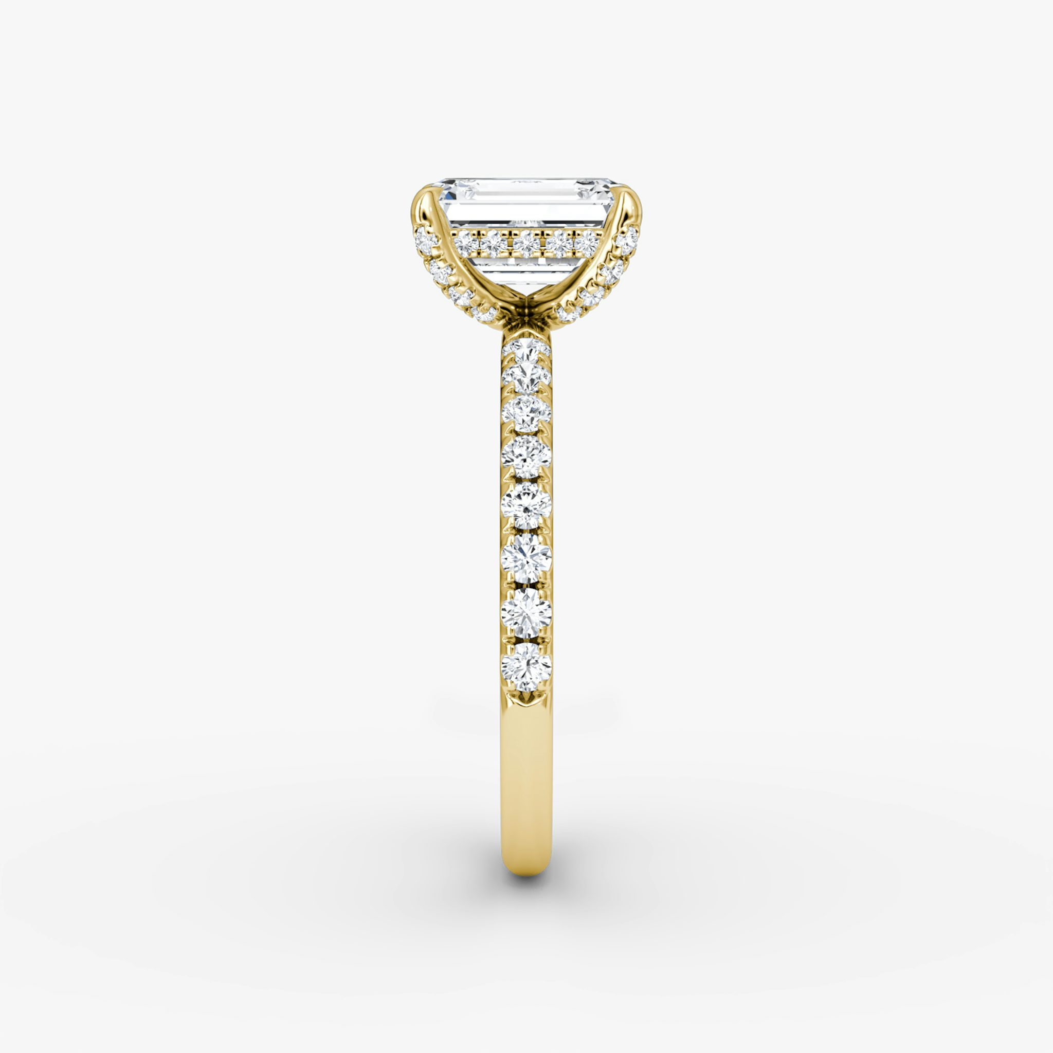 The Classic Hidden Halo | Emerald | 18k | Yellow Gold | bandAccent: Pavé | bandWidth: large | prongStyle: Pavé | diamondOrientation: vertical | caratWeight: other