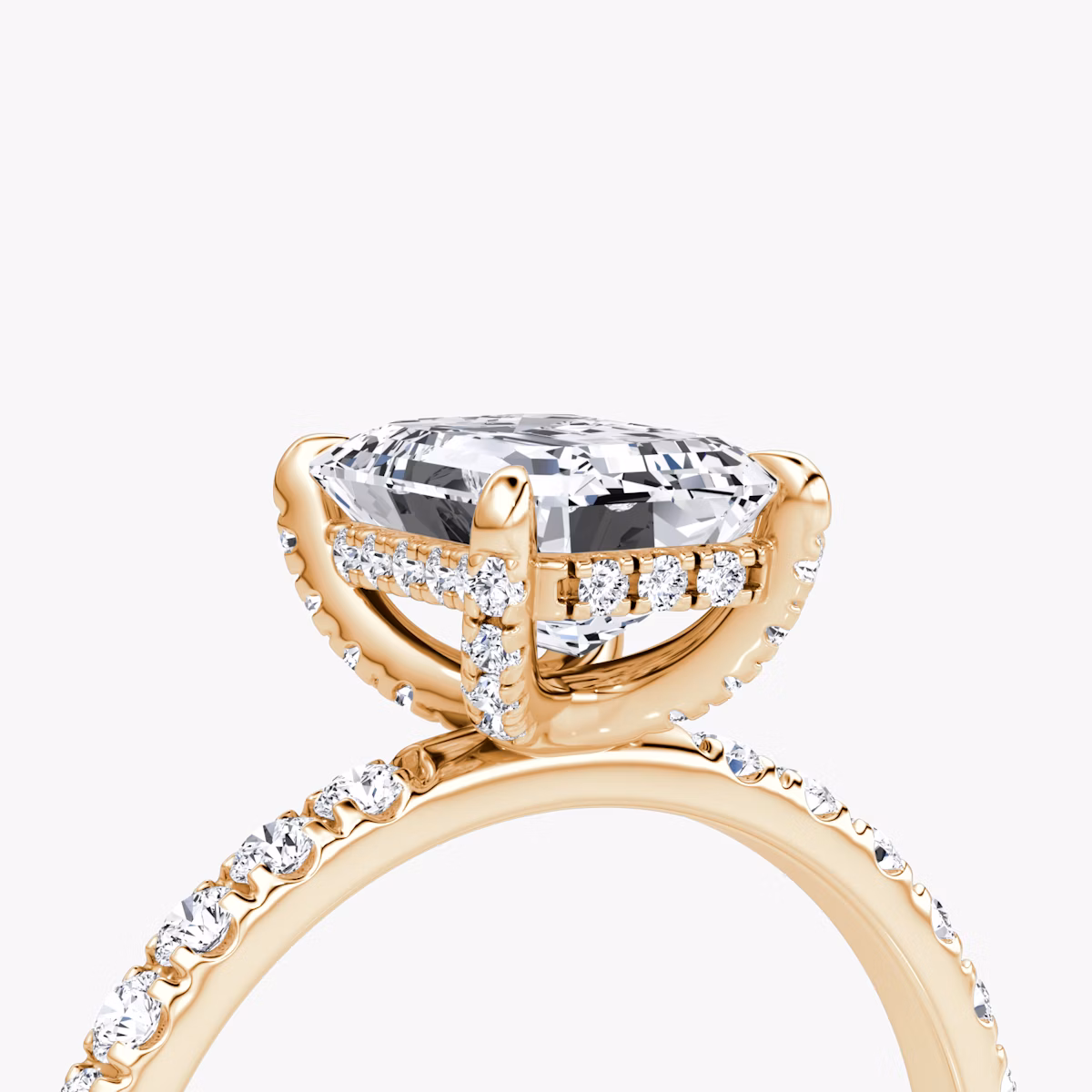 The Classic Hidden Halo | Emerald | 14k | Rose Gold | bandAccent: Pavé | bandWidth: large | prongStyle: Pavé | diamondOrientation: vertical | caratWeight: other