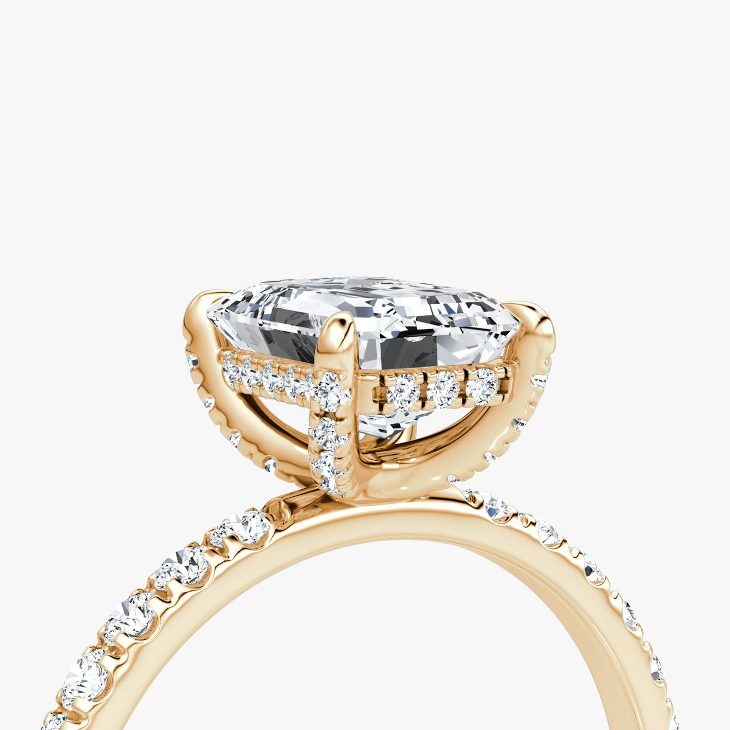 The Classic Hidden Halo | Emerald | 14k | Rose Gold | bandAccent: Pavé | bandWidth: large | prongStyle: Pavé | diamondOrientation: vertical | caratWeight: other