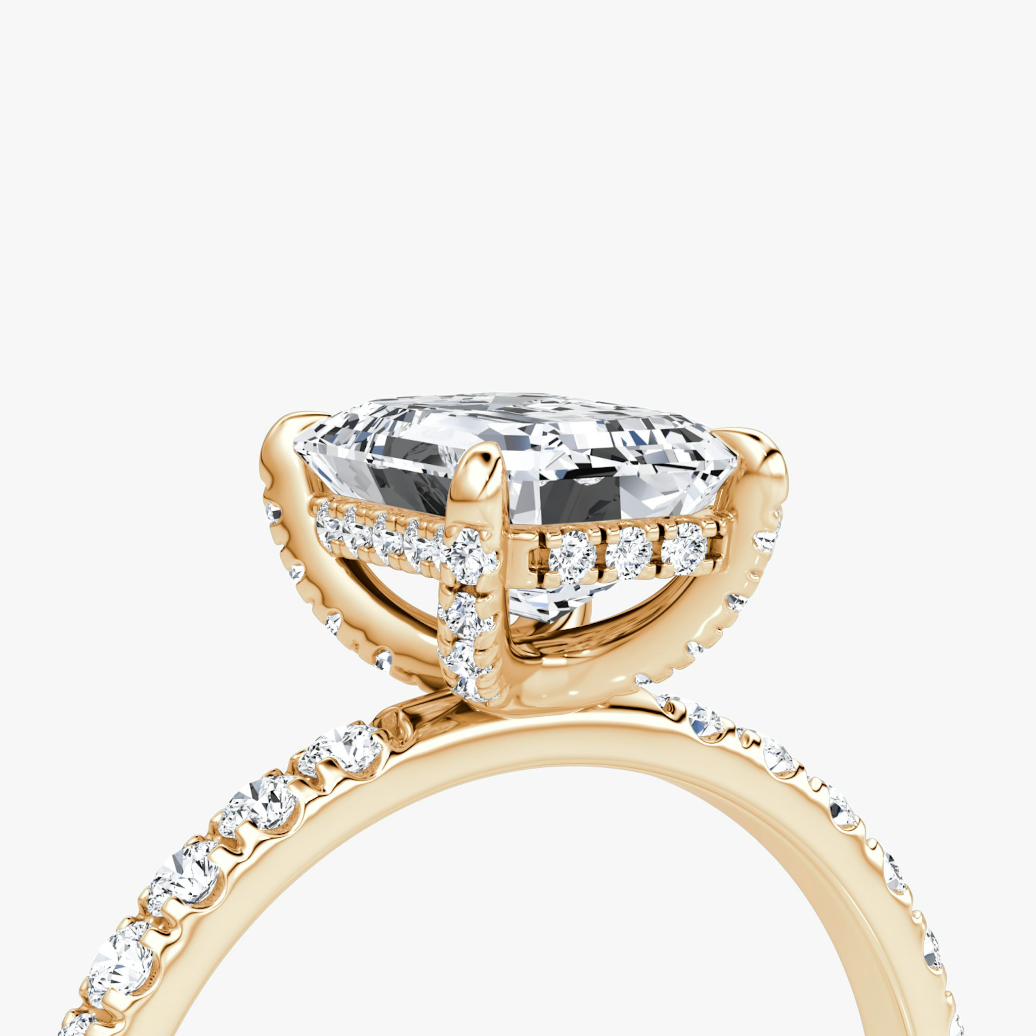 The Classic Hidden Halo | Emerald | 14k | Rose Gold | bandAccent: Pavé | bandWidth: large | prongStyle: Pavé | diamondOrientation: vertical | caratWeight: other