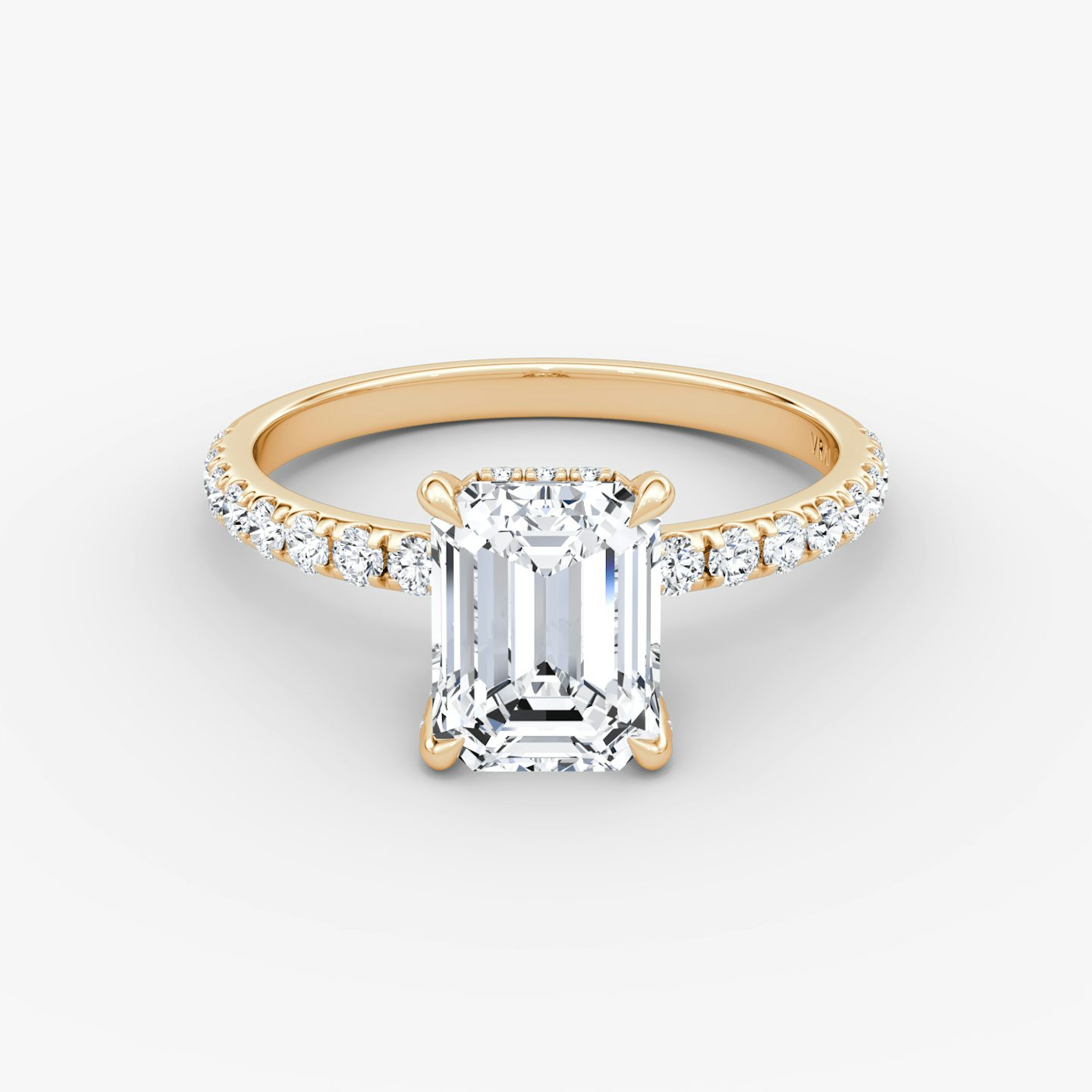 The Classic Hidden Halo | Emerald | 14k | Rose Gold | bandAccent: Pavé | bandWidth: large | prongStyle: Pavé | diamondOrientation: vertical | caratWeight: other