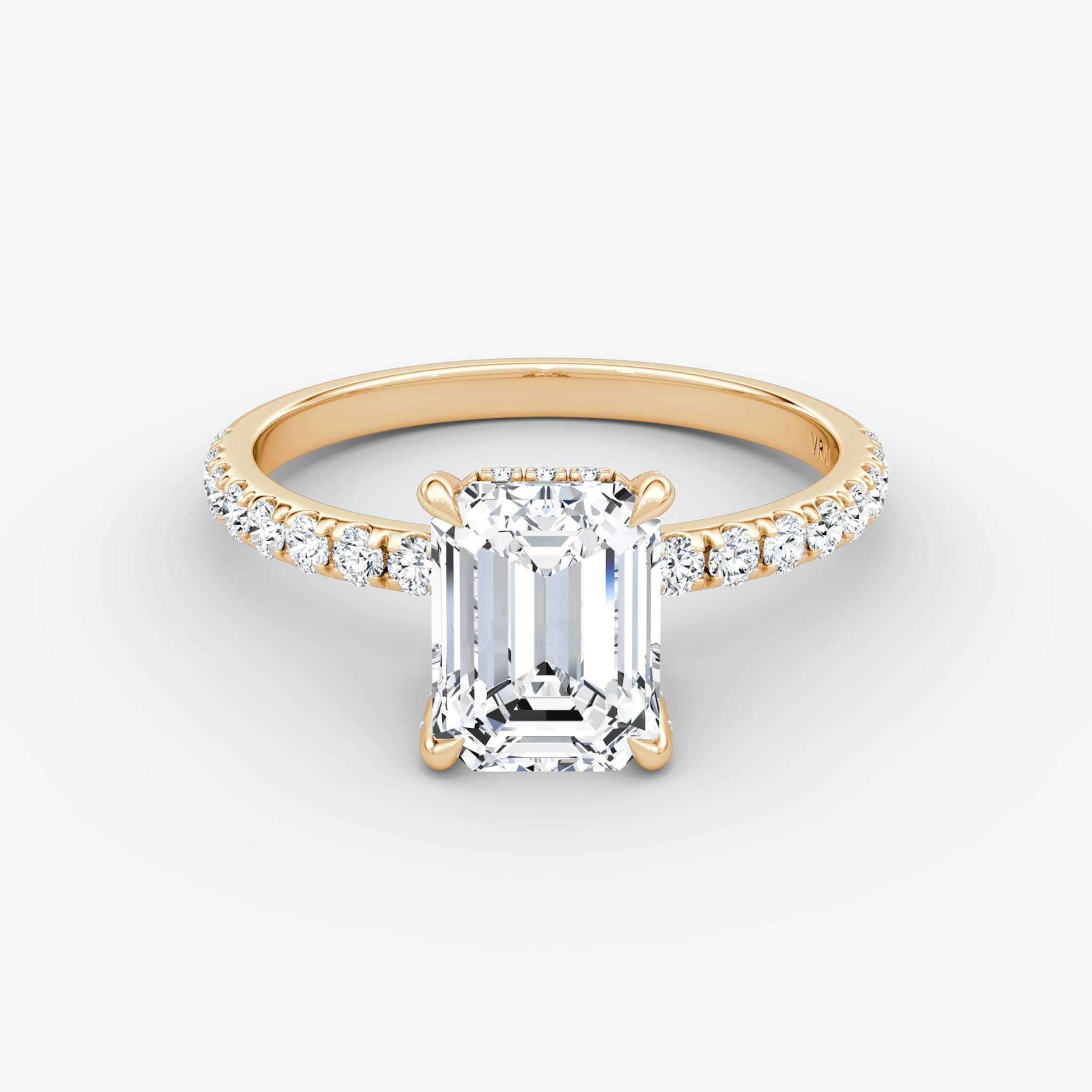 The Classic Hidden Halo | Emerald | 14k | Rose Gold | bandAccent: Pavé | bandWidth: large | prongStyle: Pavé | diamondOrientation: vertical | caratWeight: other